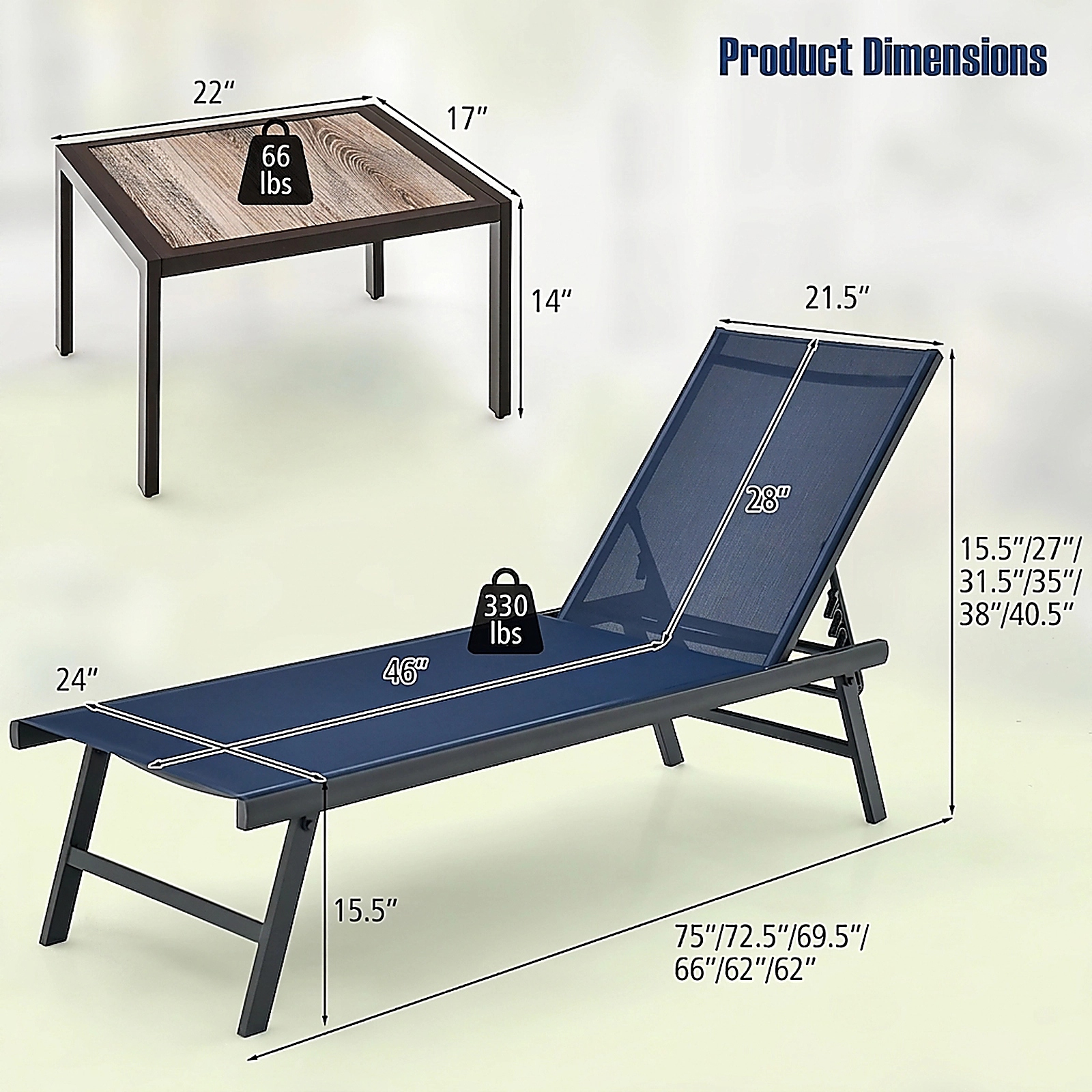 SUGIFT 3 Piece Patio Chaise Lounge Set Navy with Coffee Table for Poolside