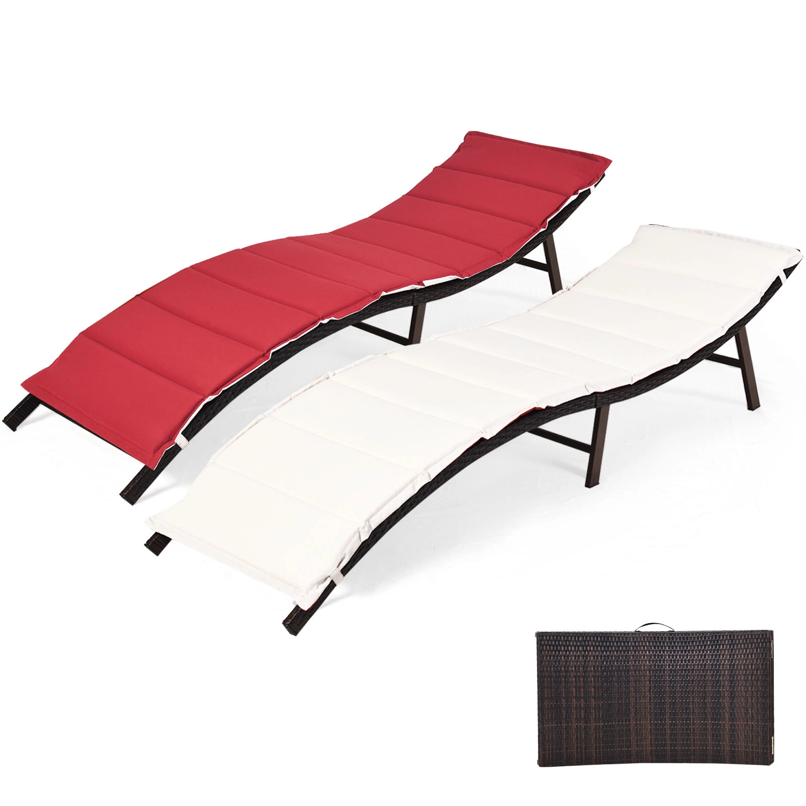 SUGIFT Red Reversible Cushion 400-lb Each Set of 2 Folding Wicker Patio Lounger Chairs