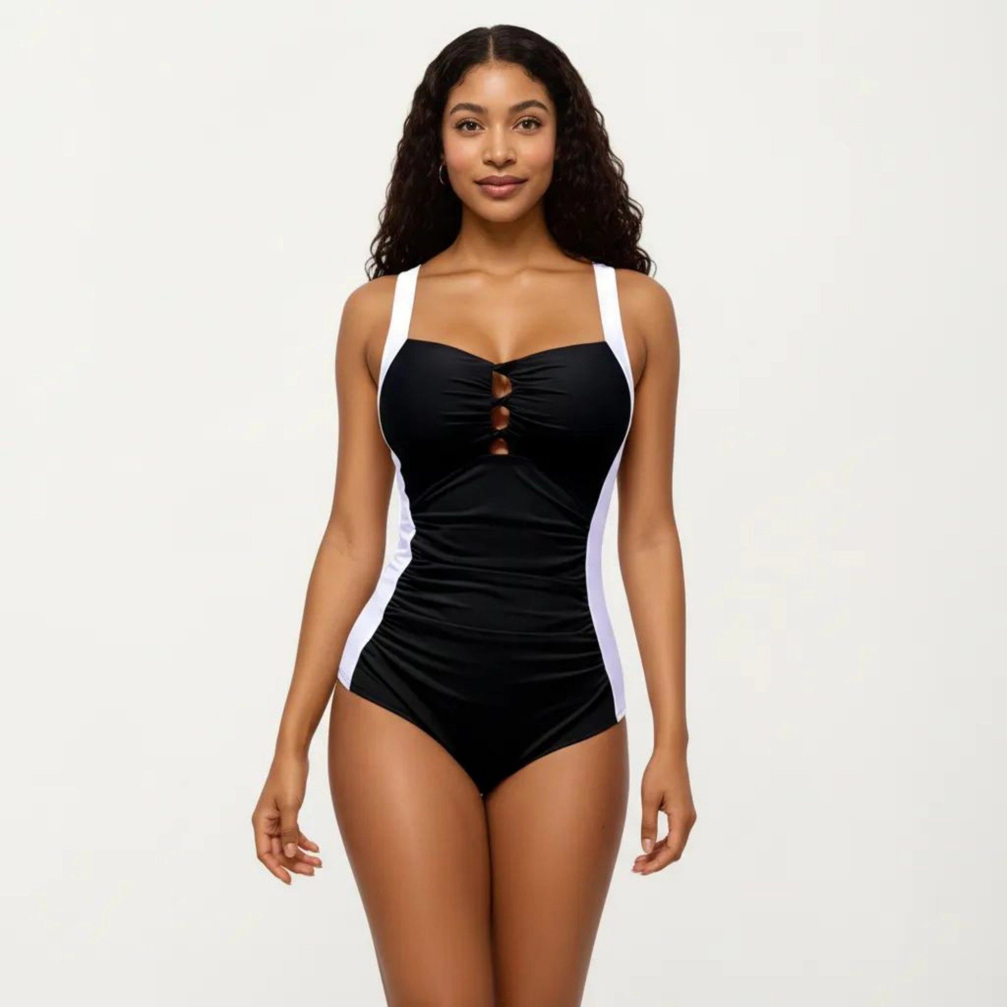Anna-Kaci Women One-Piece Swimsuit - Triple Keyhole Bust, Contrast Side Panels, Wide Straps