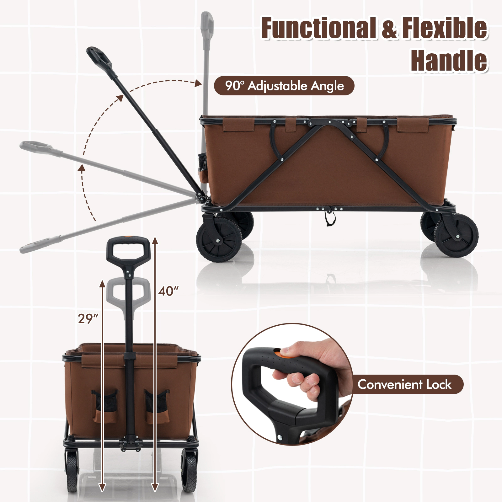 SUGIFT Coffee 45 Gallon Collapsible Folding Utility Wagon with Adjustable Handlebar 38-in W 20-in D 14-in H