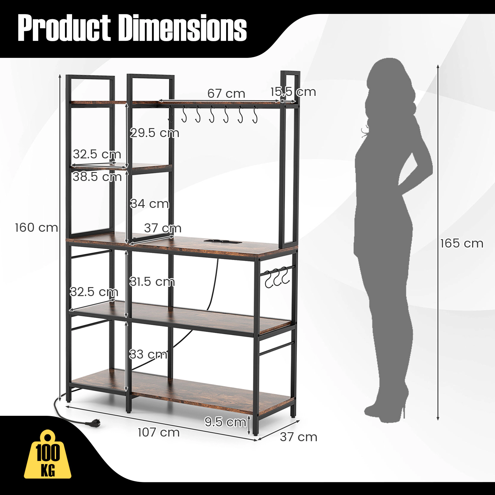 SUGIFT 5-Tier Bakers Rack Rustic Brown with Power Outlets and 10 S-Shaped Hooks