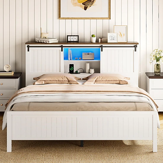 BebreezChic Platform Bed Frame with Charging Station, LED Light, Storage Bookcase & Barn Doors