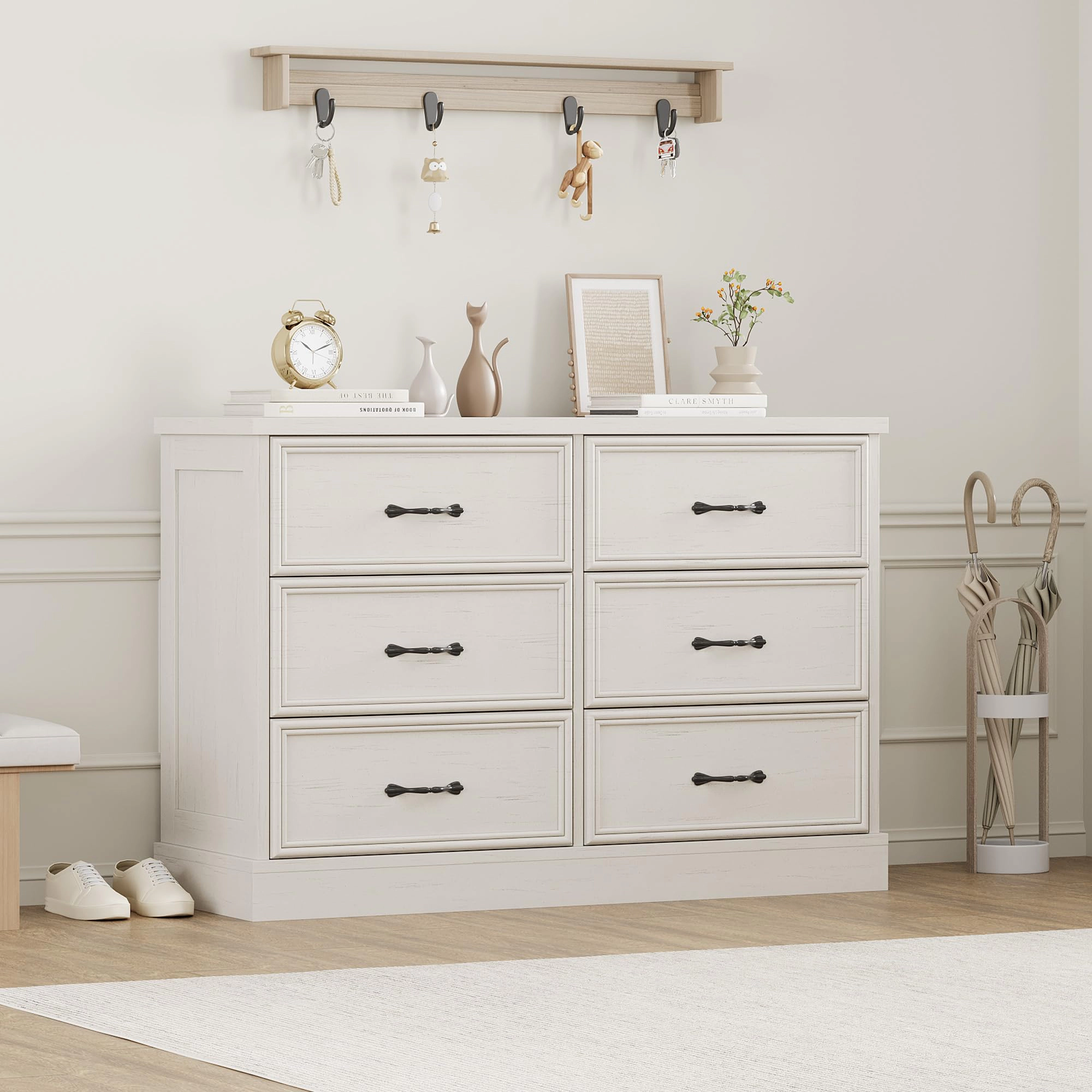 6 Drawer Wooden Dresser, 47" Wide Chest with Large Storage Drawers for Bedroom or Living Room