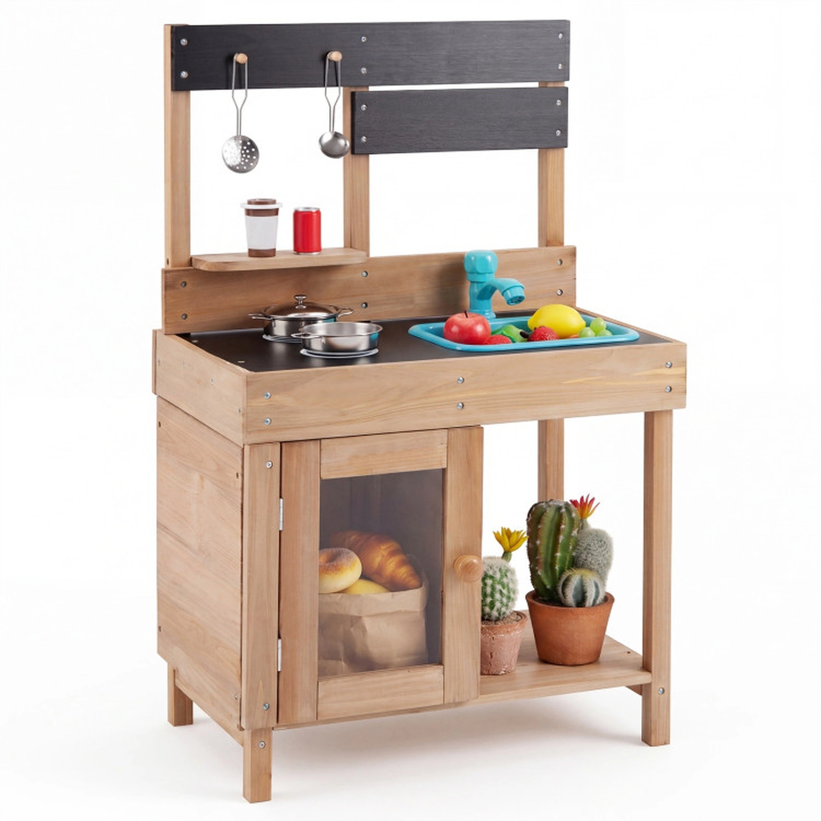 SUGIFT Natural Stove Top Storage Cabinet and Water Circulation Kids Wooden Pretend Play Kitchen