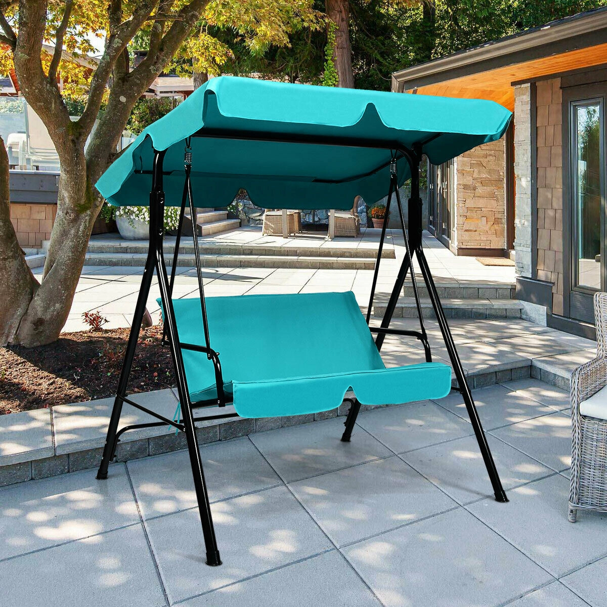 LJG Loveseat Cushioned Patio Steel Frame Swing Glider -Black