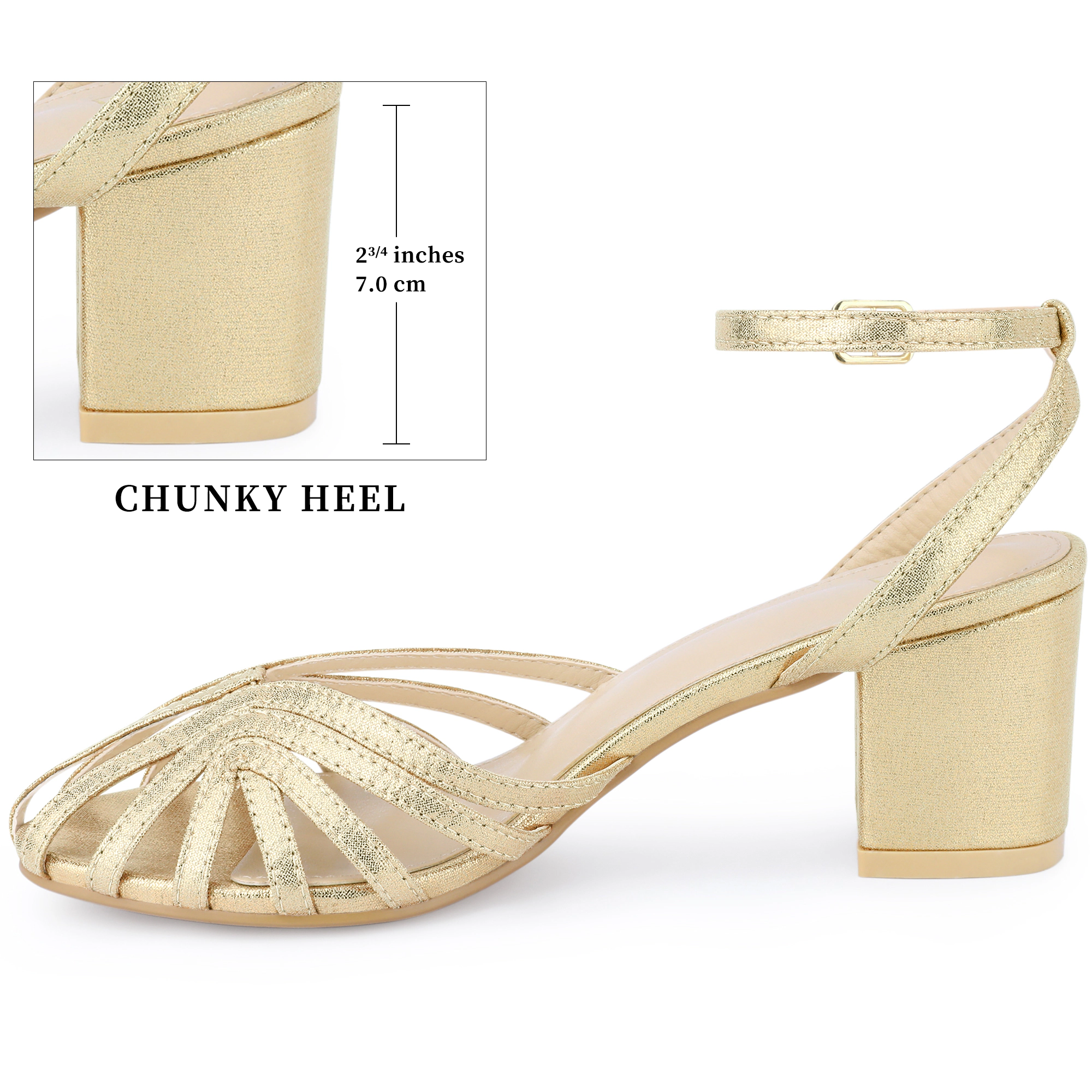 BLISSFUL STEP Women's Metallic Sparkly Strappy Slingback Block Heel Sandals