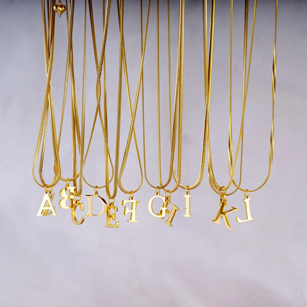 18K Gold Plated Initial Letter Necklace Snake Chain Alphabet Pendant