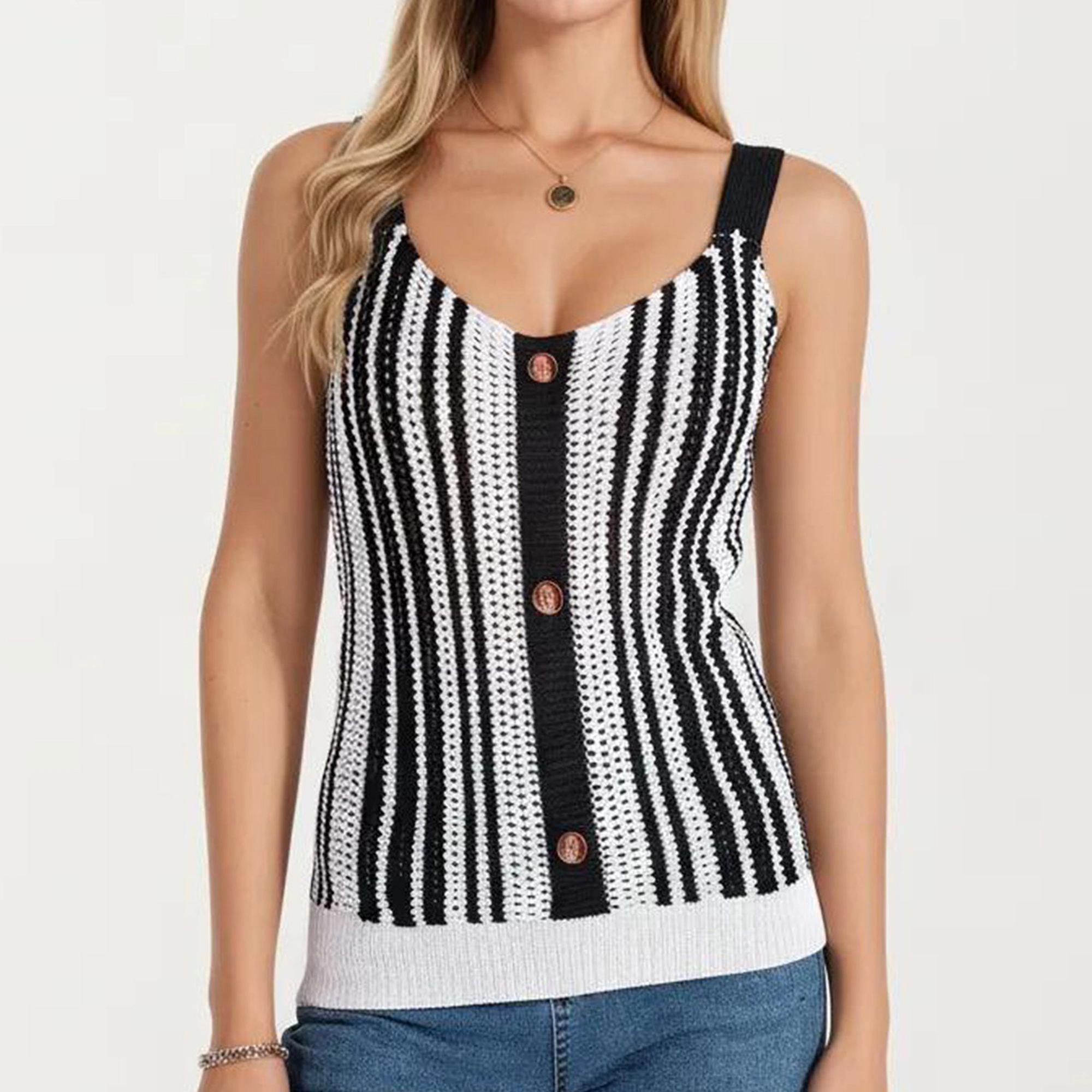 Anna-Kaci Women's Sleeveless Open Knit Button Front Sweater Tank Top with Scoop Neck and Fitted Shape
