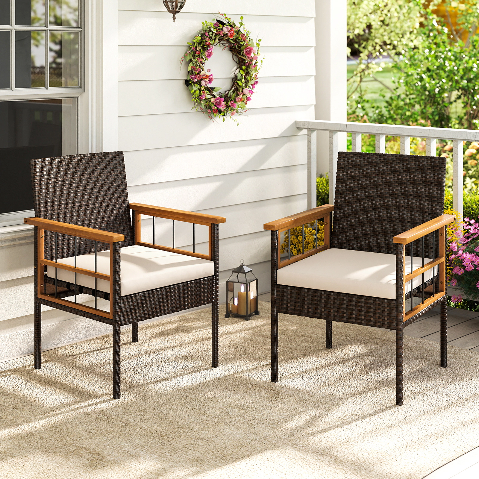SUGIFT Patio Dining Chairs Set of 2, White Cushions, Acacia Wood and PE Rattan