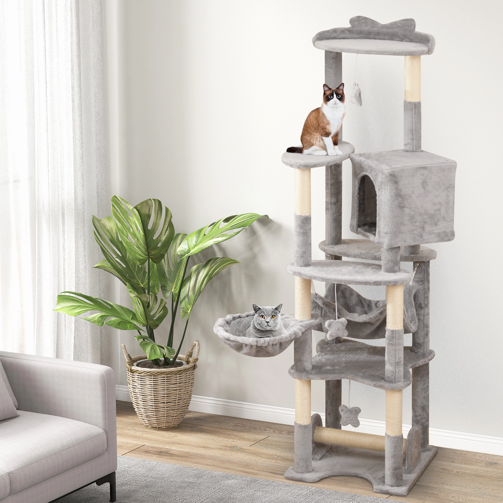 SUGIFT 69-in Multi-level Cat Tree with Top Perch Condo Hammock Basket and Toys 11-lb Capacity Gray + Orange
