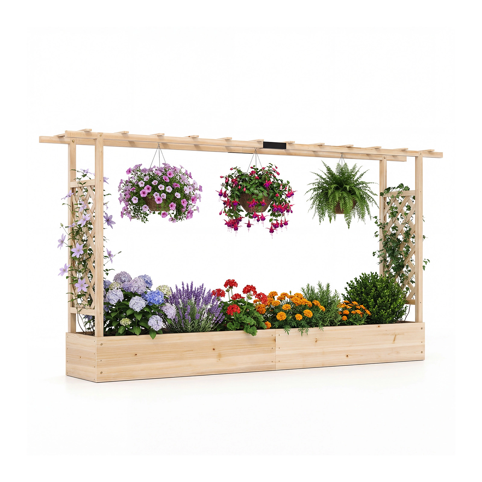 LJG 45 Inch Tall Wooden Raised Garden Bed with Side Trellis and Hanging Roof Drainage Holes