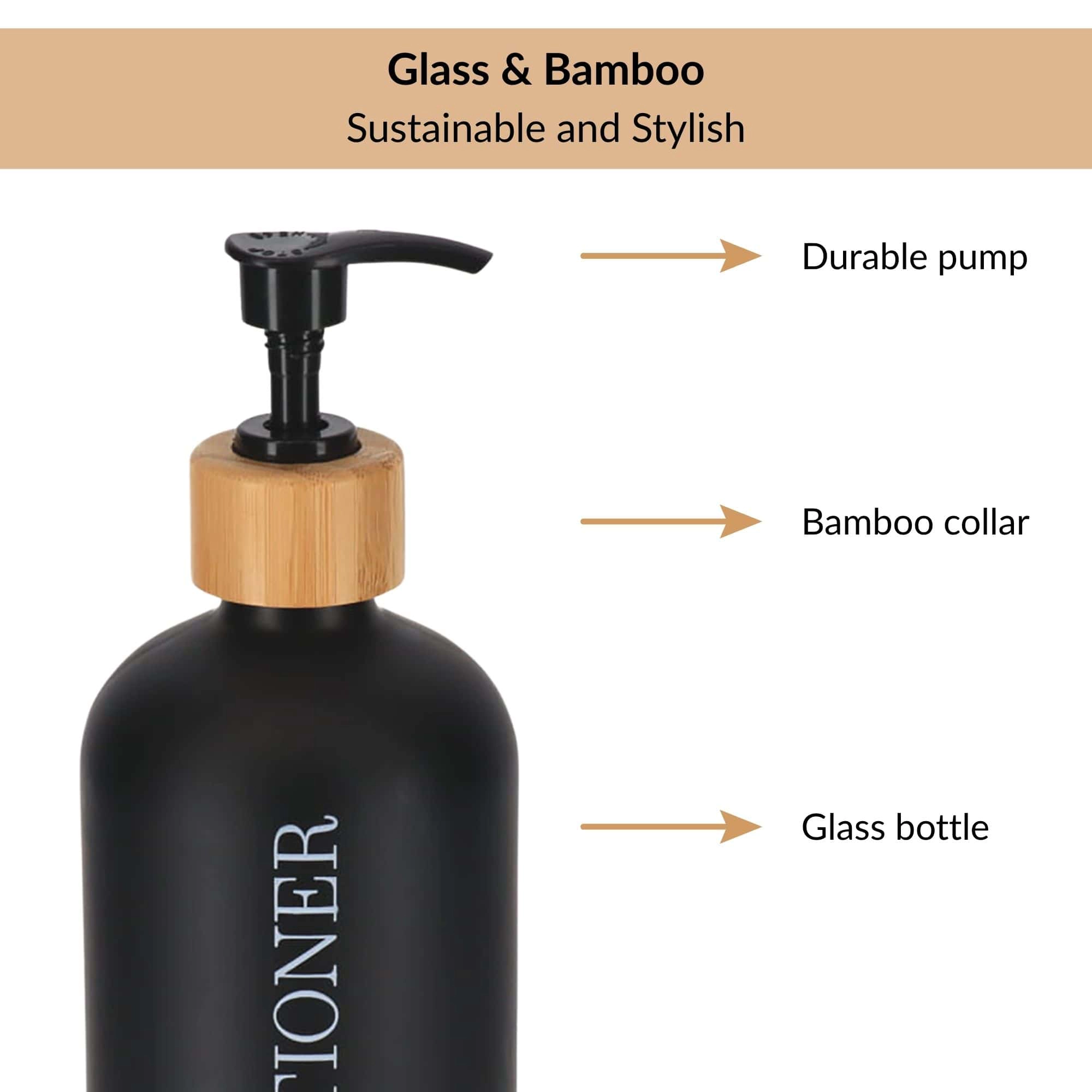 Evideco French Home Goods Matte Glass Pump Bottle with Bamboo Collar - 8.5 in, Refillable Soap Dispenser