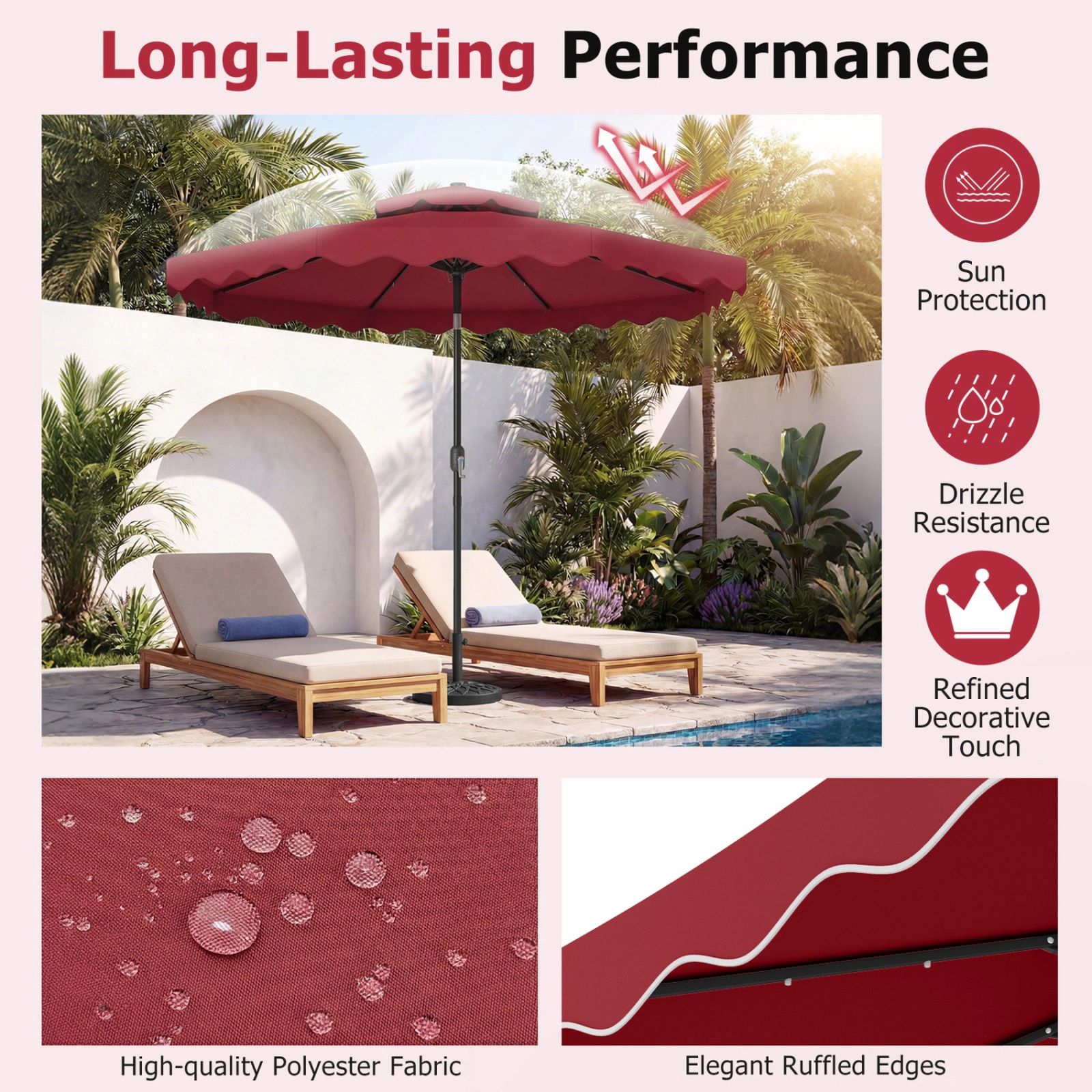 SUGIFT 9-ft Red Solar LED Market Patio Umbrella, 24 Lights, Push-Button Tilt, Crank Lift