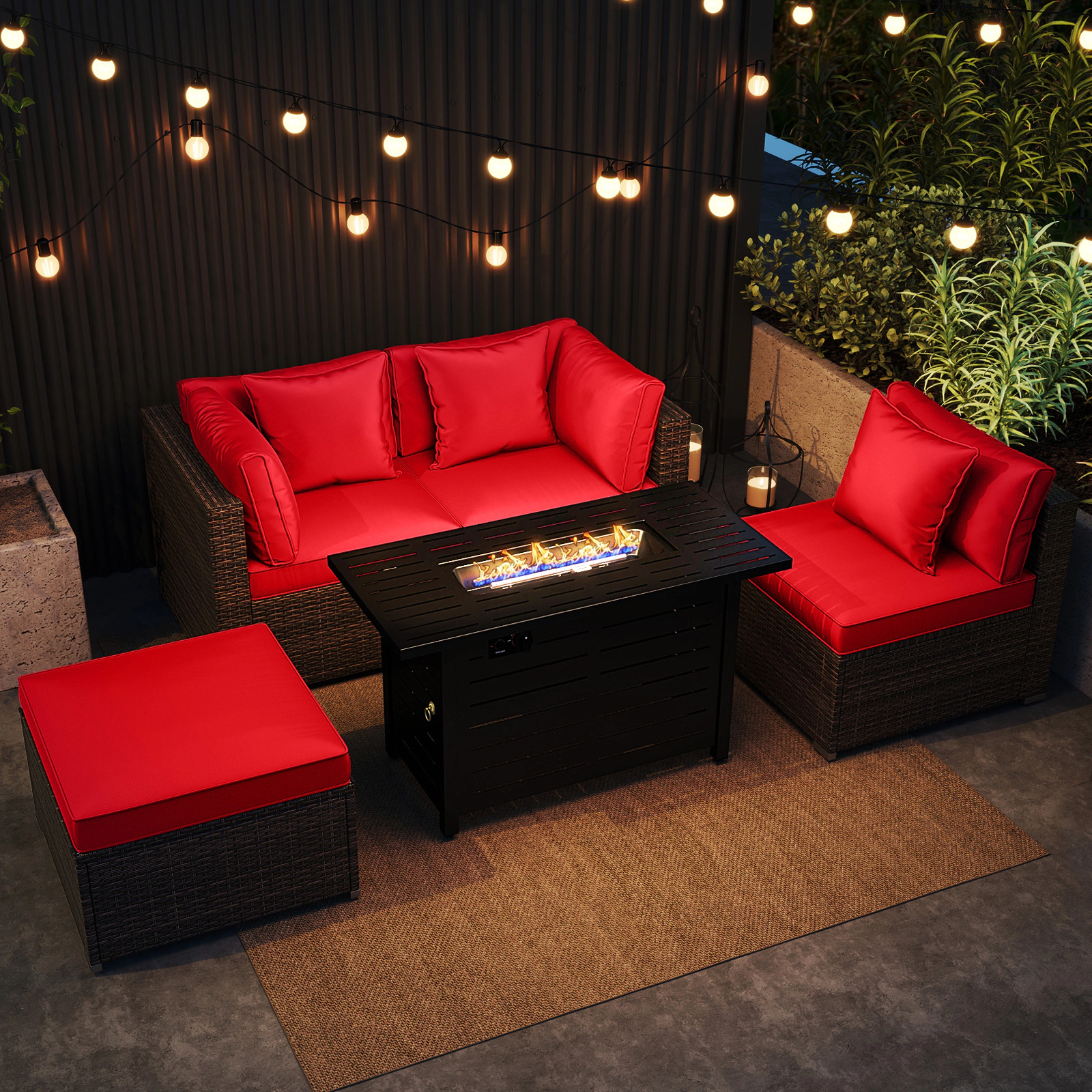 SUGIFT 5-Piece Red Rattan Patio Fire Pit Set, 60,000 BTU Fire Table, Corner Sofas and Ottoman
