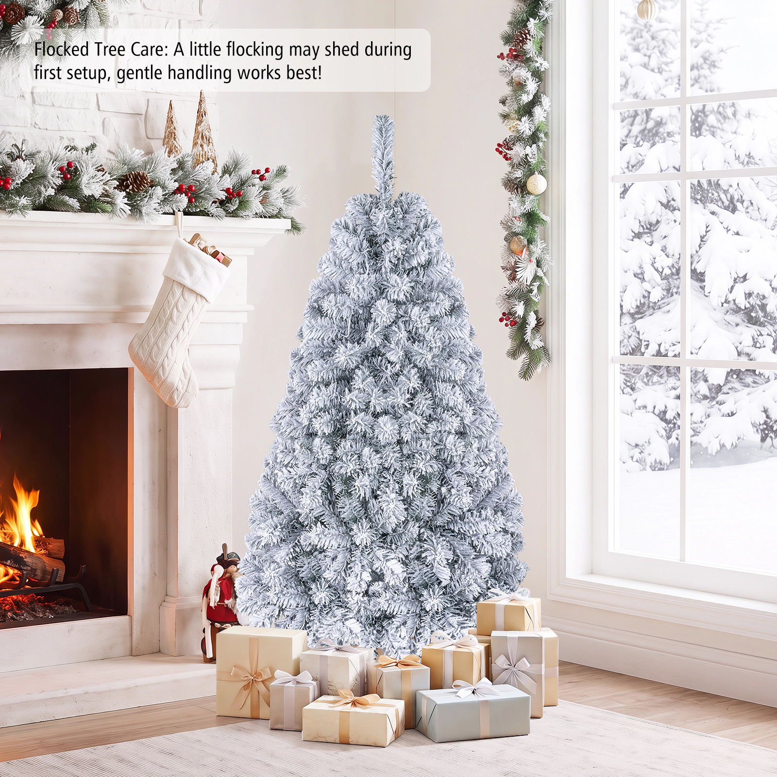 Costway 4.5/6/7.5/9ft Pre-Lit Premium Snow Flocked Hinged Artificial Christmas Tree w/150/250/450/550 Lights
