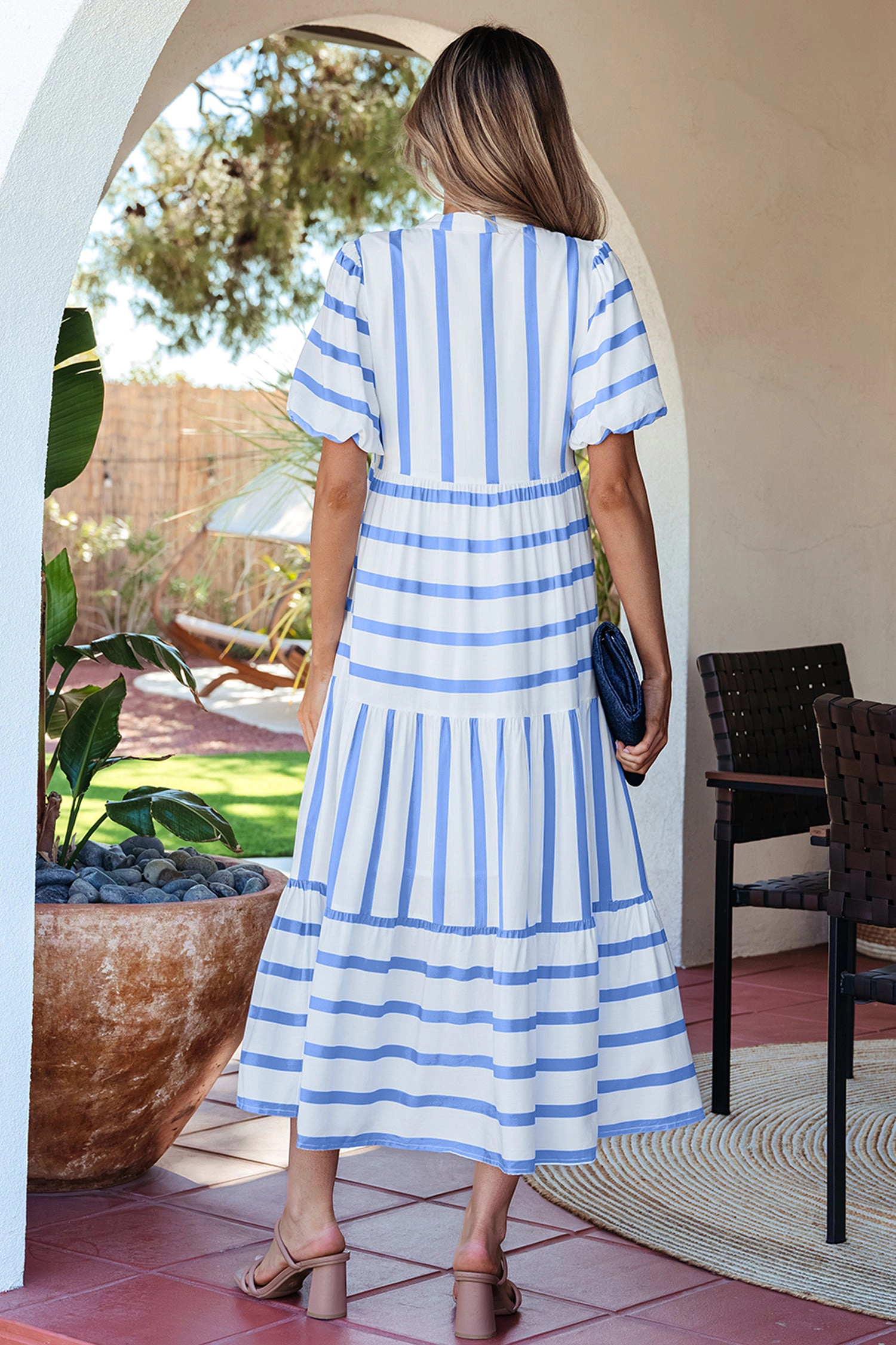 Threaded Pear Womens Alora Half Sleeve Vacation Dress - Sky Blue Stripe