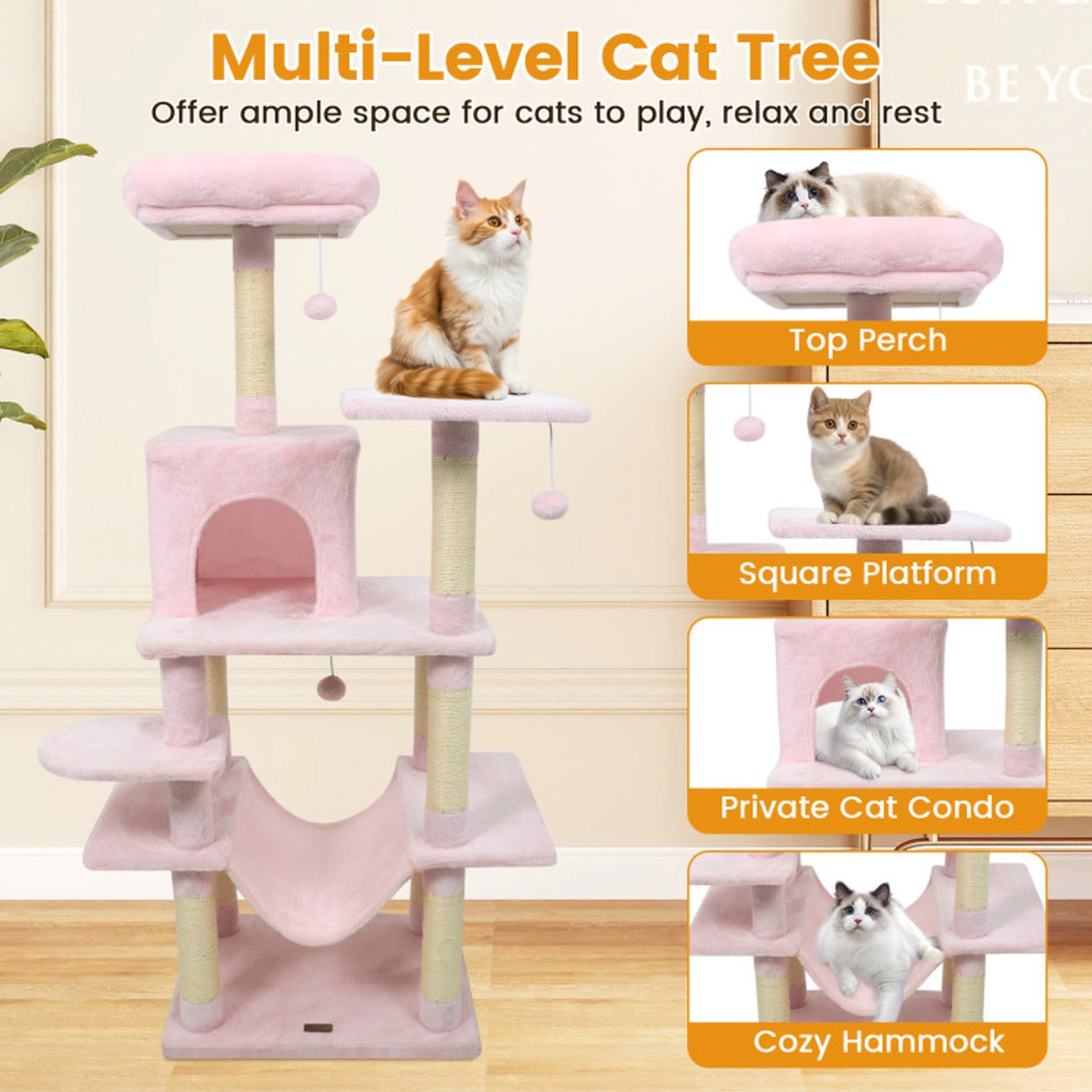 SUGIFT 58-in Multi-Level Cat Tree Tower with Padded Top Perch Condo and Scratching Posts 29-lb Net Weight Pink