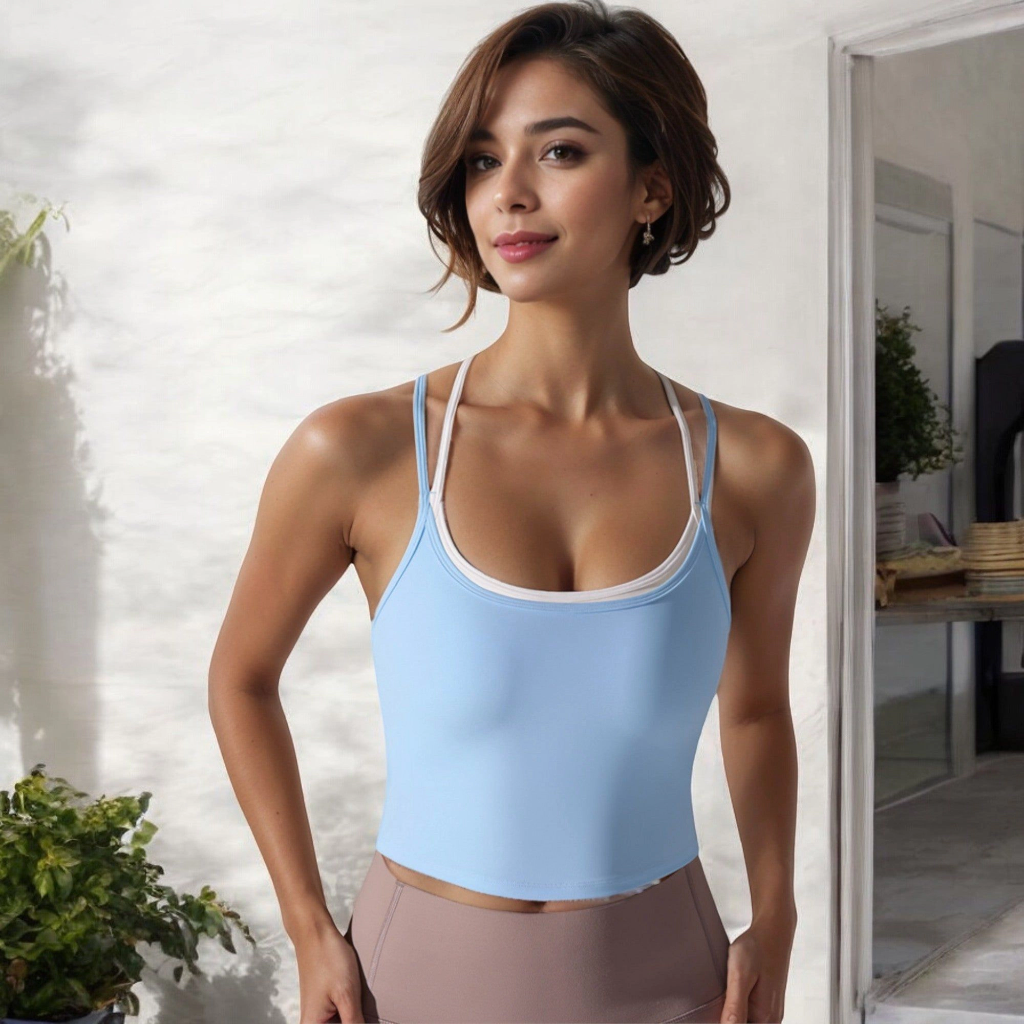 Anna-Kaci Womens Double Strap Scoop Neck Cropped Sports Tank with Built-In Bra