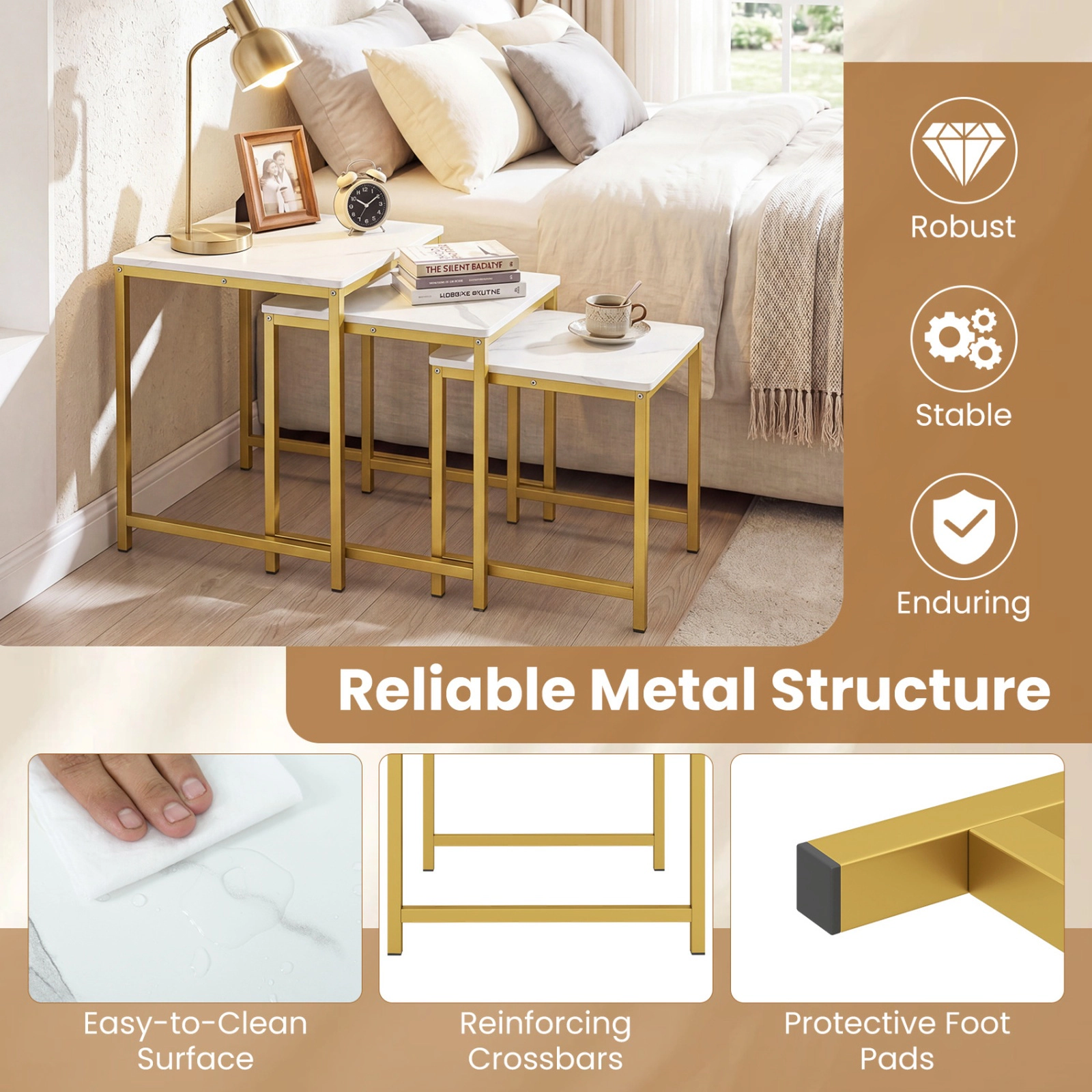 SUGIFT Faux Marble Nesting Accent Tables with Metal Frame Set of 3 90-lb Capacity White & Golden