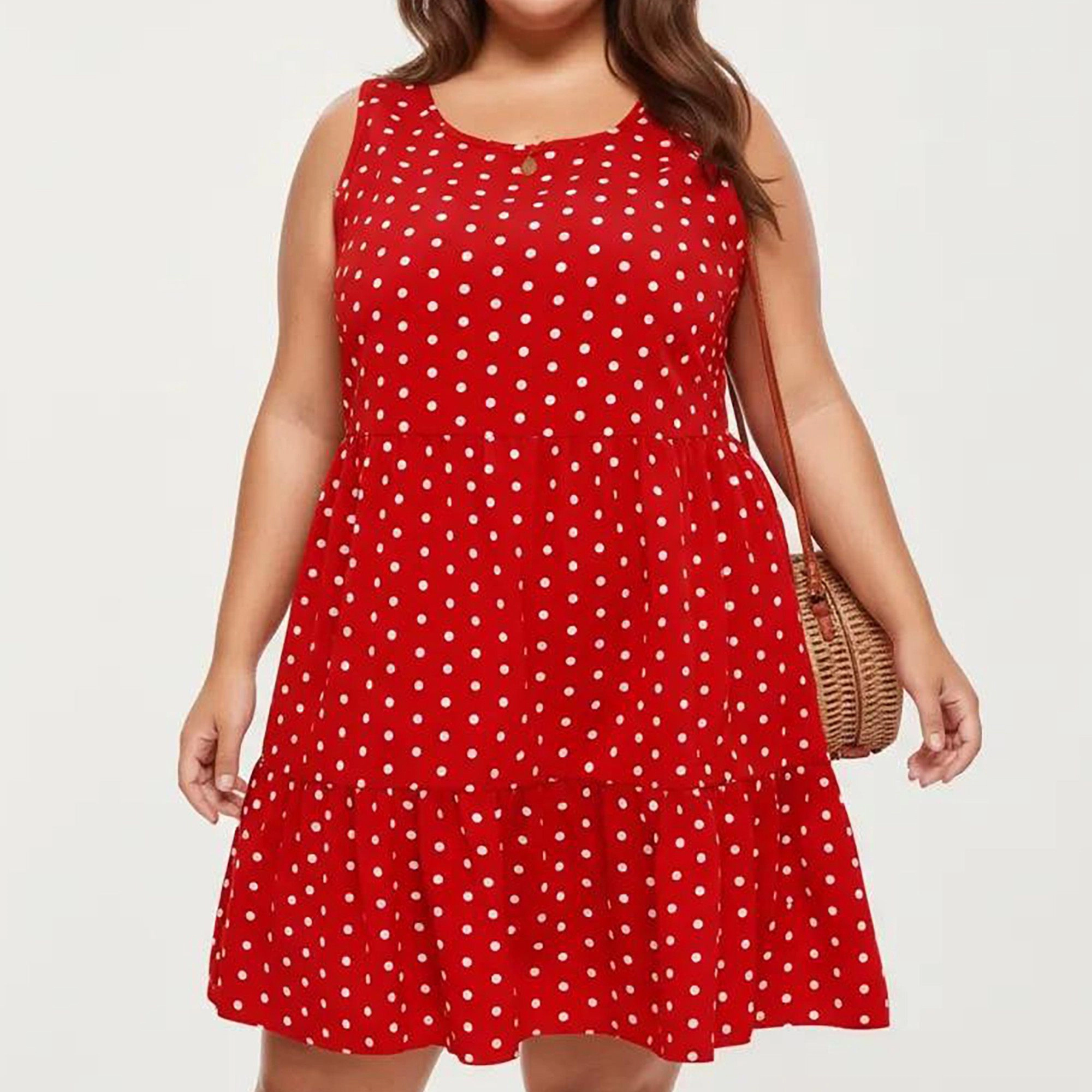 Anna-Kaci Women's Plus Sleeveless Scoop Neck Polka Dot Print Tiered Skirt Flowy Babydoll Silhouette Dress