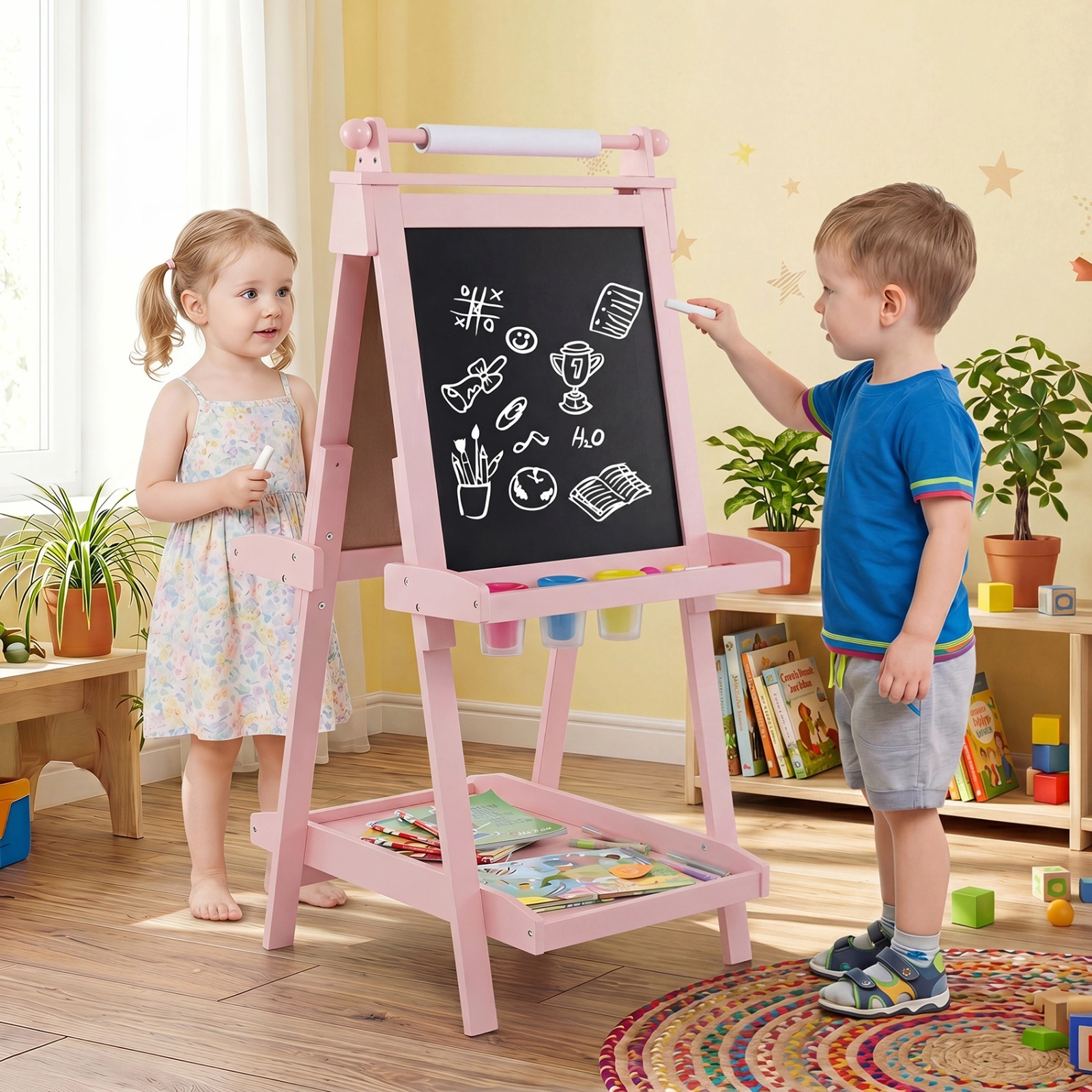 3-in-1 Wooden Kids Art Easel Double-Sided Magnetic Whiteboard Chalkboard Paper Roll Storage Trays Ages 3 and Up Pink