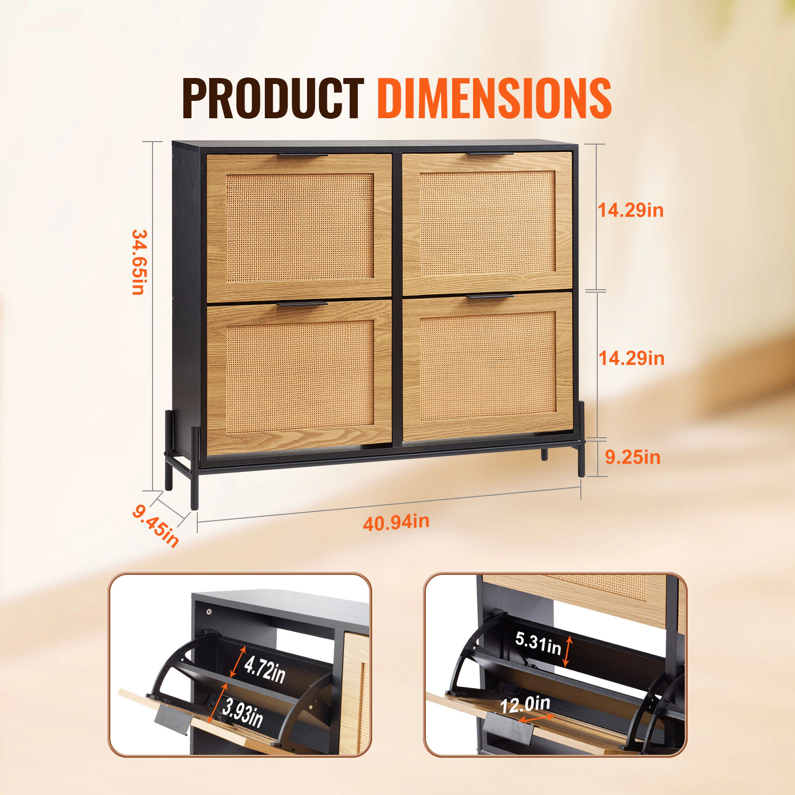 HONGGE Narrow Rattan Shoe Cabinet with Flip Drawers, Slim Entryway Storage Organizer with Metal Legs for Closet Hallway
