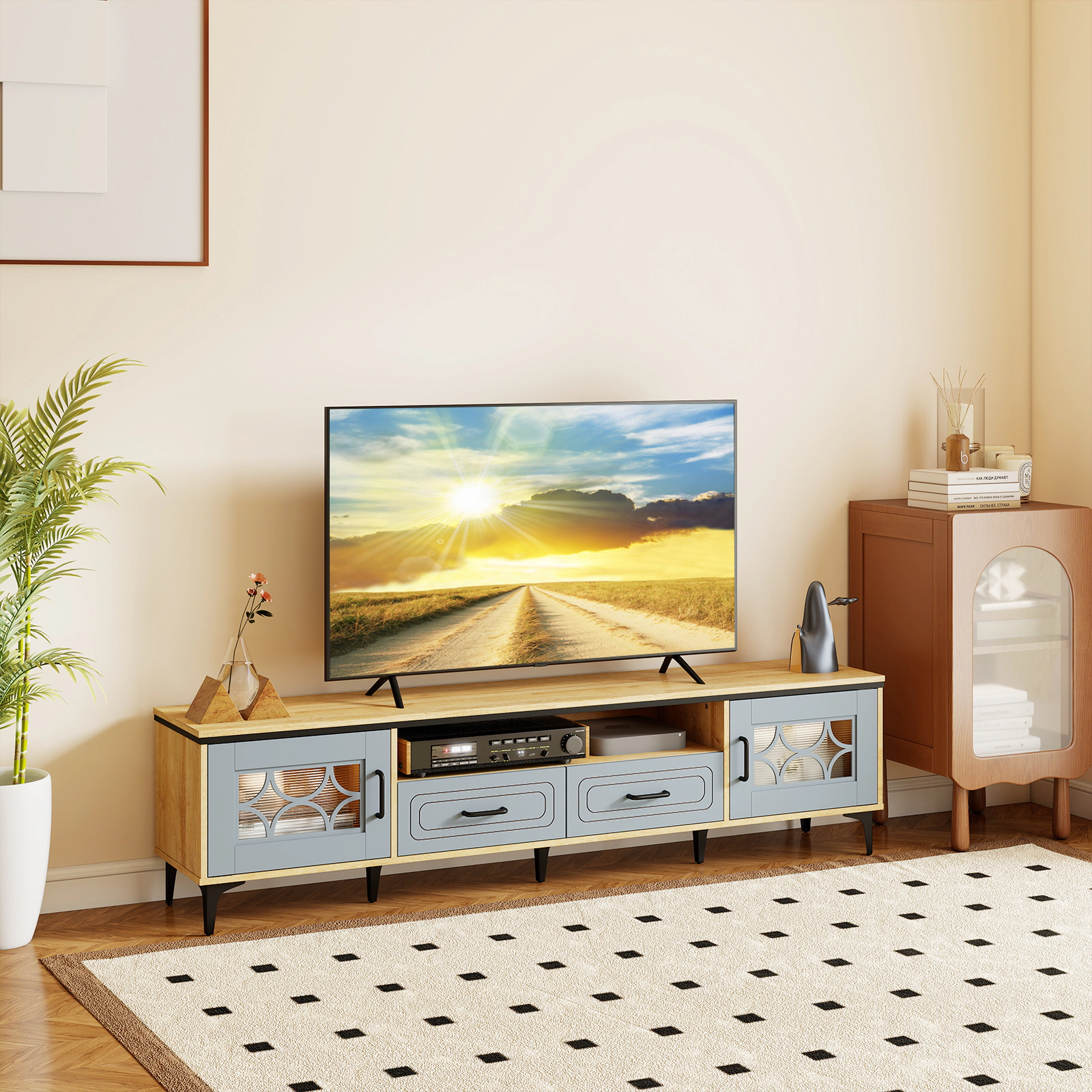 Glintex 71-Inch Farmhouse TV Stand with Transparent Doors and 2 Drawers