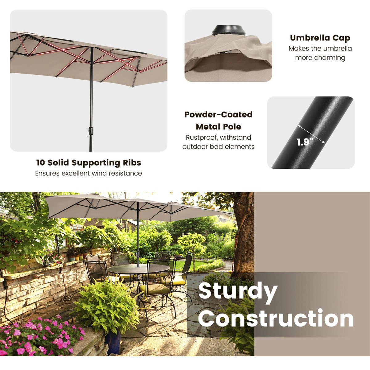 SUGIFT 15-ft Double-Sized Patio Umbrella with Crank Handle, Vented Tops and 10-Rib Metal Frame 15 x 9 x 8.6 in Brown