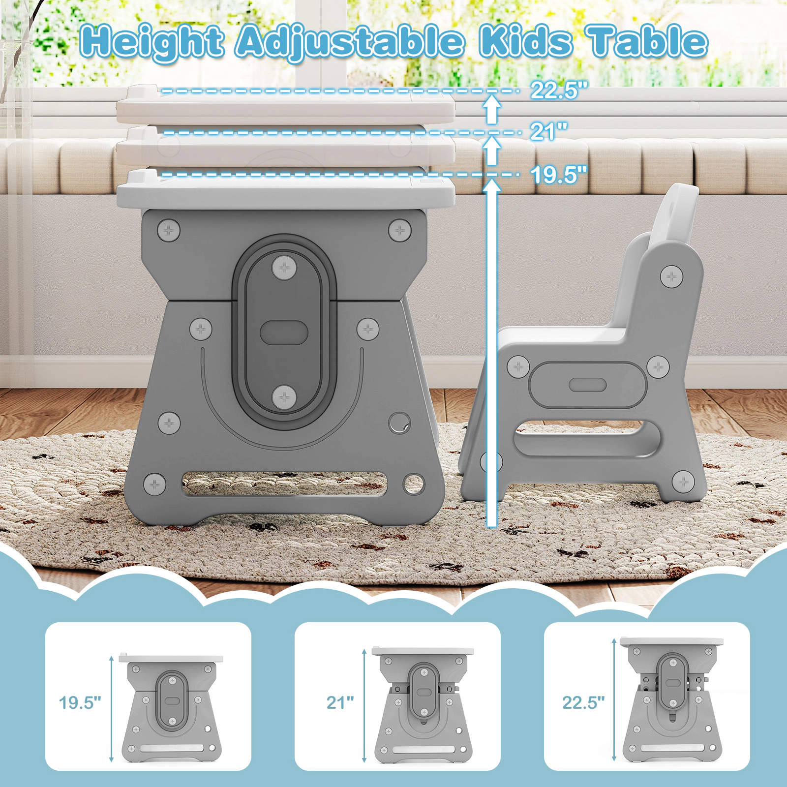 SUGIFT Height Adjustable Kids Table and Chair Set with Tiltable Whiteboard and Concave Shelf 66-lb Tabletop Blue/Gray