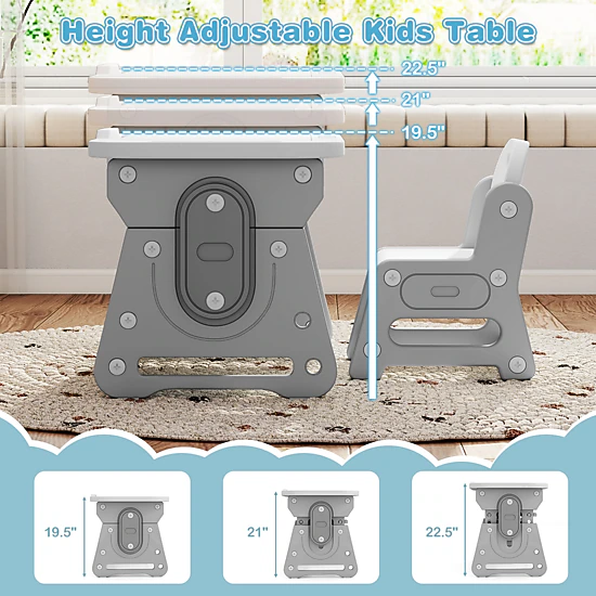 SUGIFT Height Adjustable Kids Table and Chair Set with Tiltable Whiteboard and Concave Shelf 66-lb Tabletop Blue/Gray