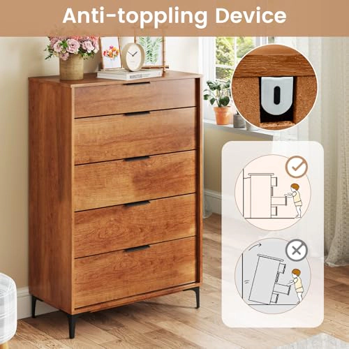 Glintex 48-Inch 5-Drawer Dresser with Interlock System and Metal Legs