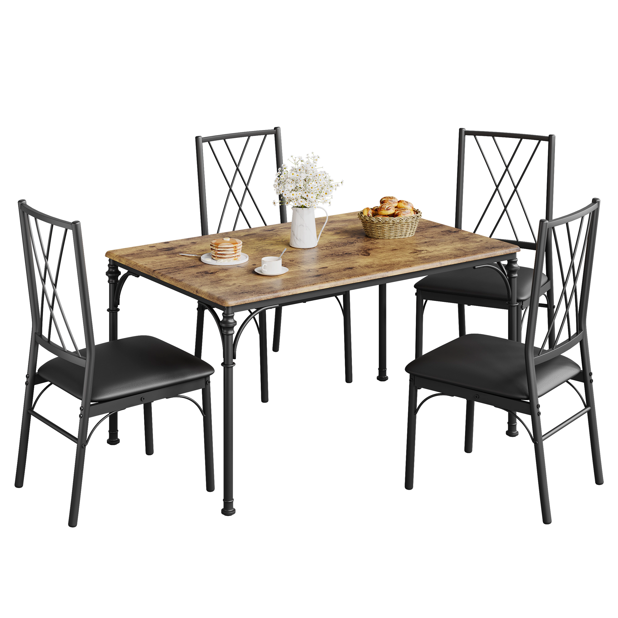 BebreezChic 5-Piece Dining Set, Rectangular Table & 4 Fabric Chairs, Natural Wood Grain