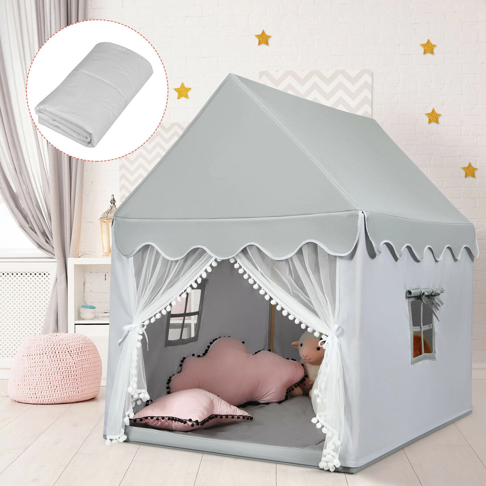 Kids Play Tent Indoor Castle Playhouse with Thick Cotton Mat and Mesh Door 47-in x 41-in x 55-in Gray