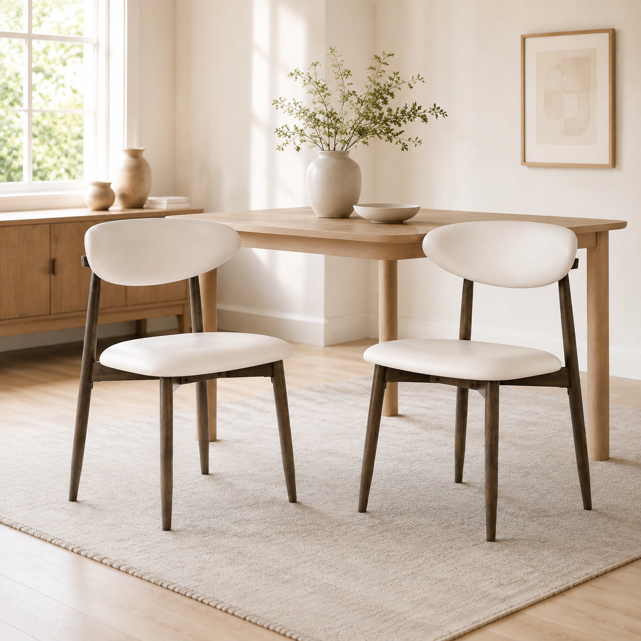 SUGIFT Curved Backrest Faux Leather Seat Set of 2 Wooden Upholstered Dining Chairs