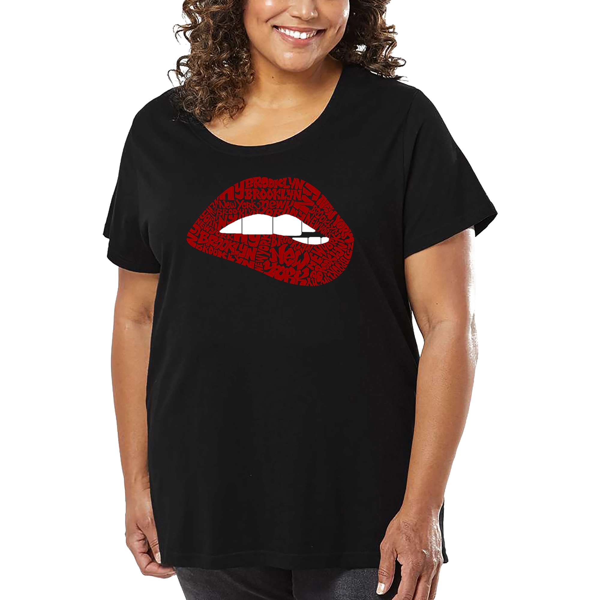 LA Pop Art Women's Plus Word T-Shirt - Brooklyn Lips