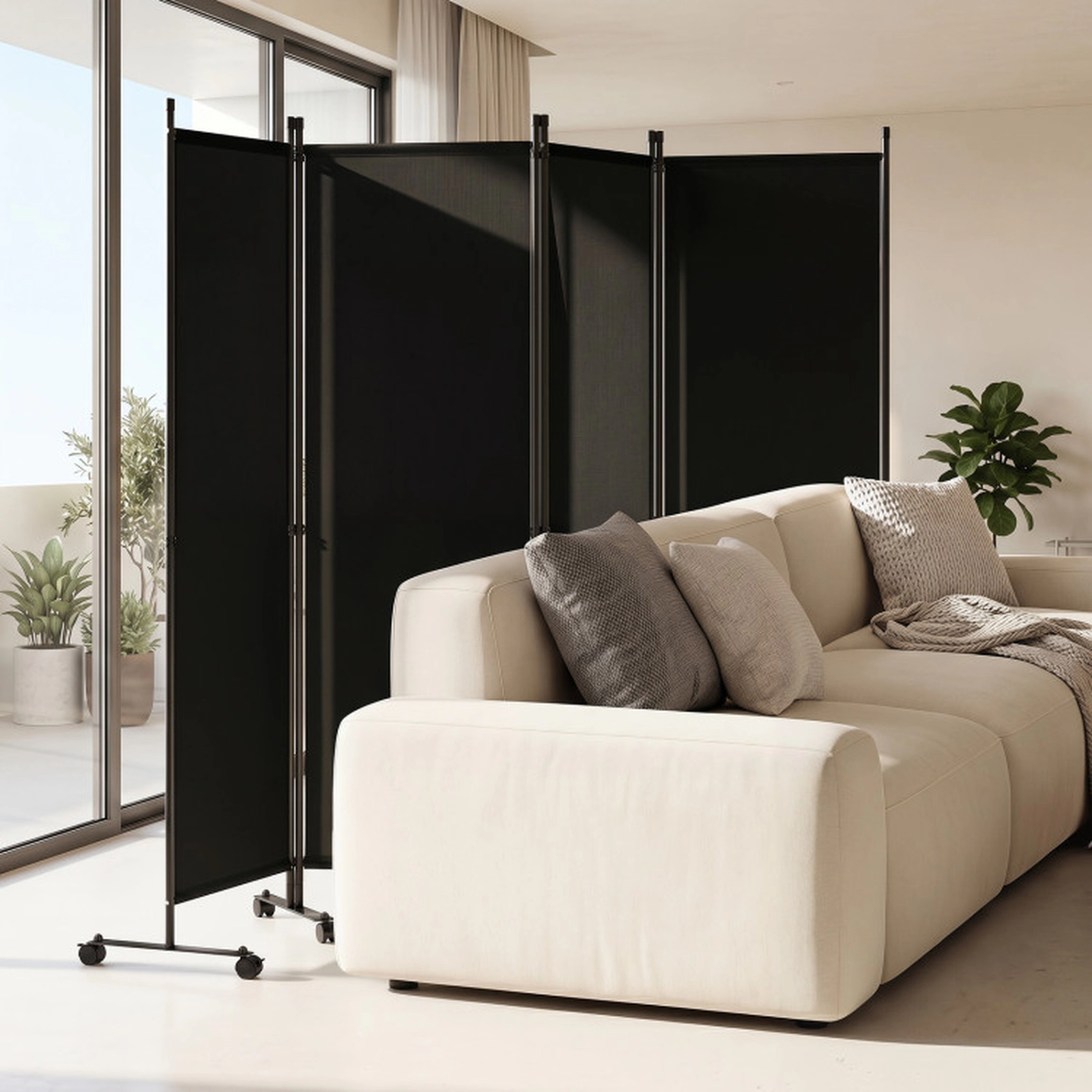 SUGIFT Black 4-Panel 87-in Wide Folding Room Divider Privacy Screen with 10 Lockable Universal Wheels