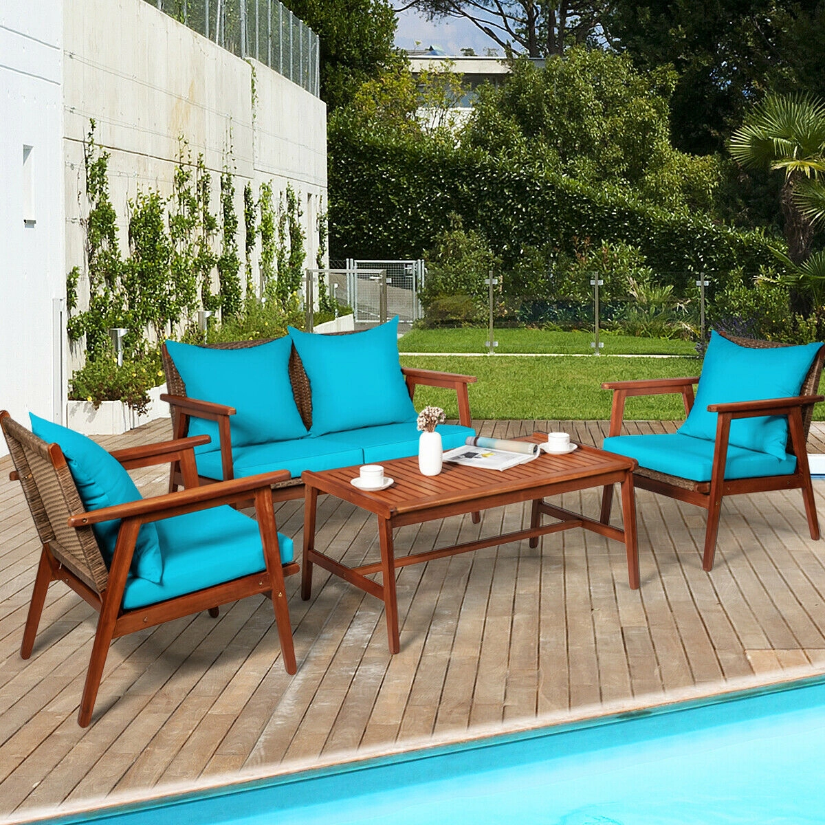 SUGIFT 4-Piece Acacia Wood Rattan Sofa Set with Coffee Table 45-in W Loveseat 710-lb Loveseat Capacity Turquoise