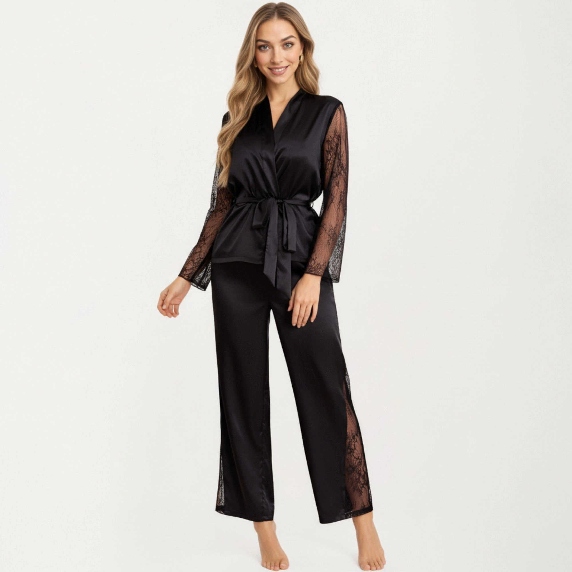 Anna-Kaci Women's Satin Pajama Set with Lace Sleeve Detail and Matching Tie-Waist Top Straight Leg Pants
