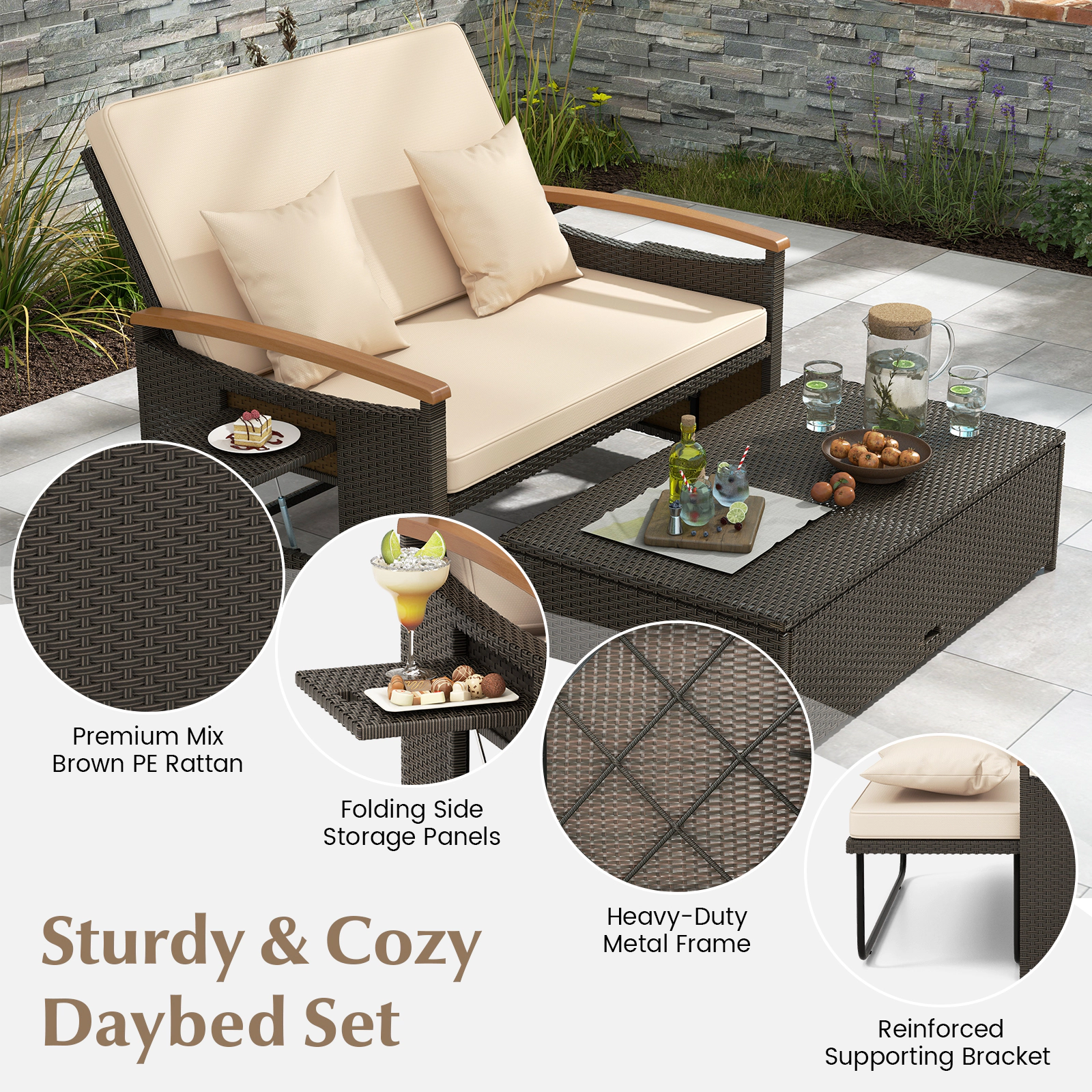 SUGIFT Folding Backrest Panels Storage Ottoman and Throw Pillows Outdoor Wicker Daybed
