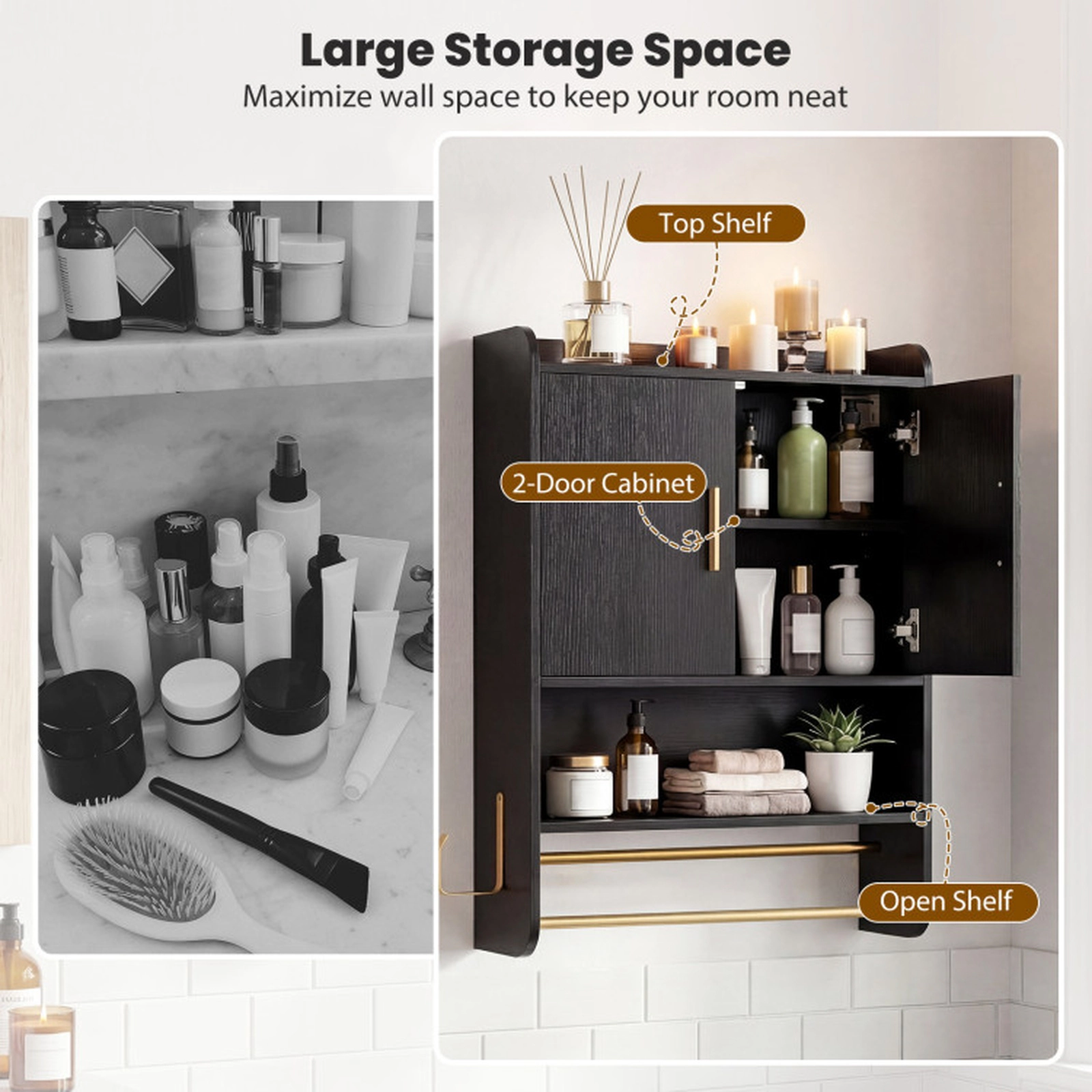 SUGIFT 2-Door Double Towel Bars Side Hook Engineered Wood Medicine Cabinet 21.5-in x 8-in x 31.5-in 44-lb Top Black