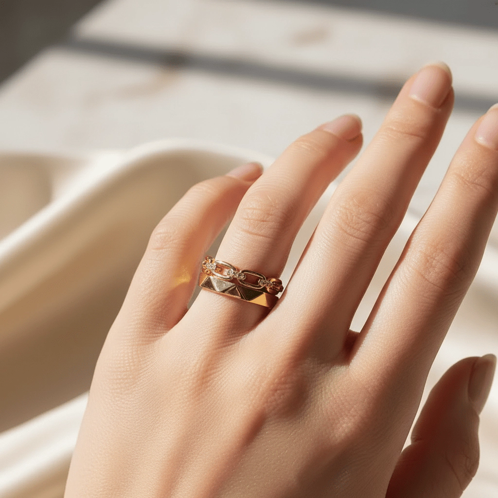 DressAtR Women's Geometric Zircon 18K Gold Plated Open Ring