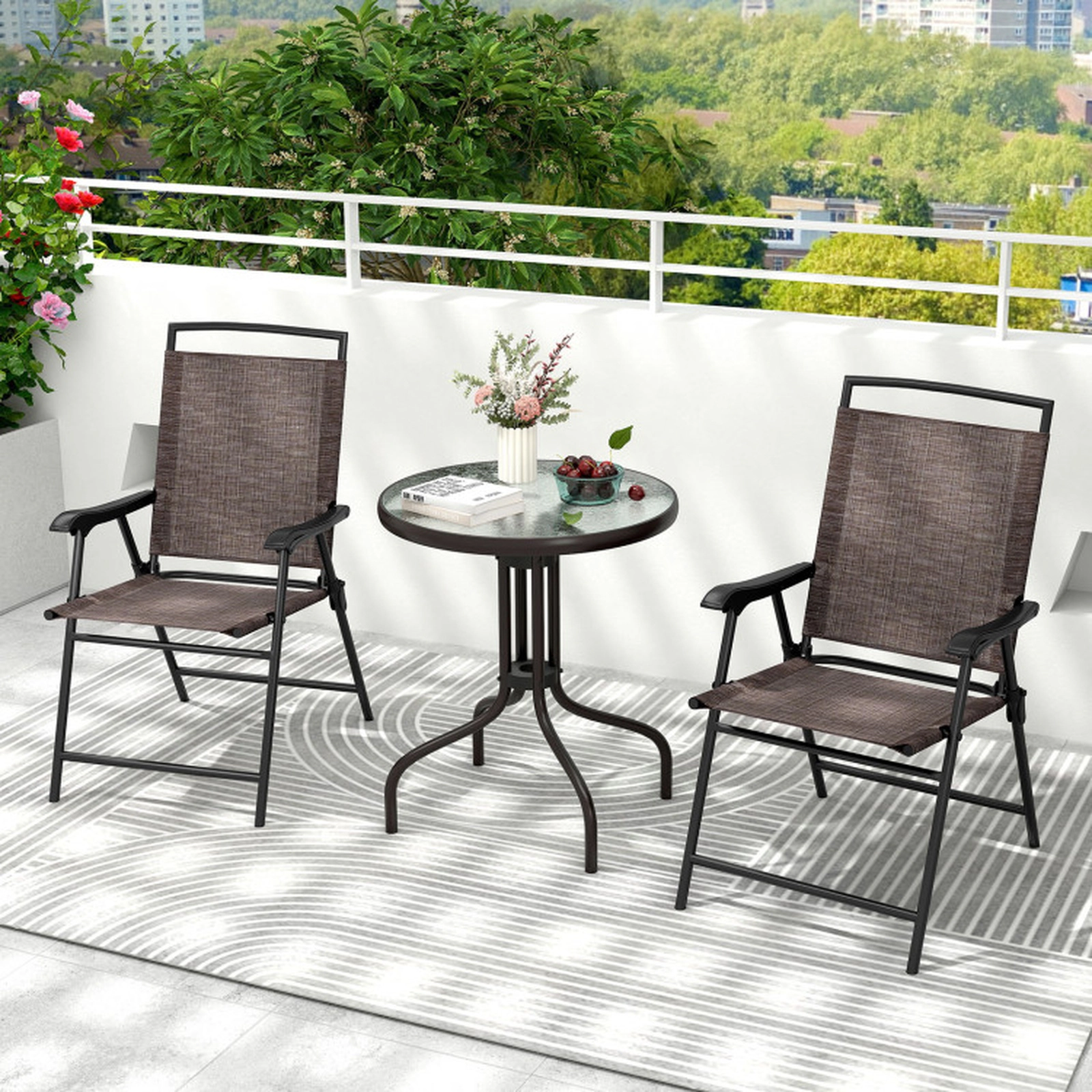 SUGIFT 3-Piece Brown and Black Outdoor Bistro Set with Tempered Glass Table and Folding Chairs