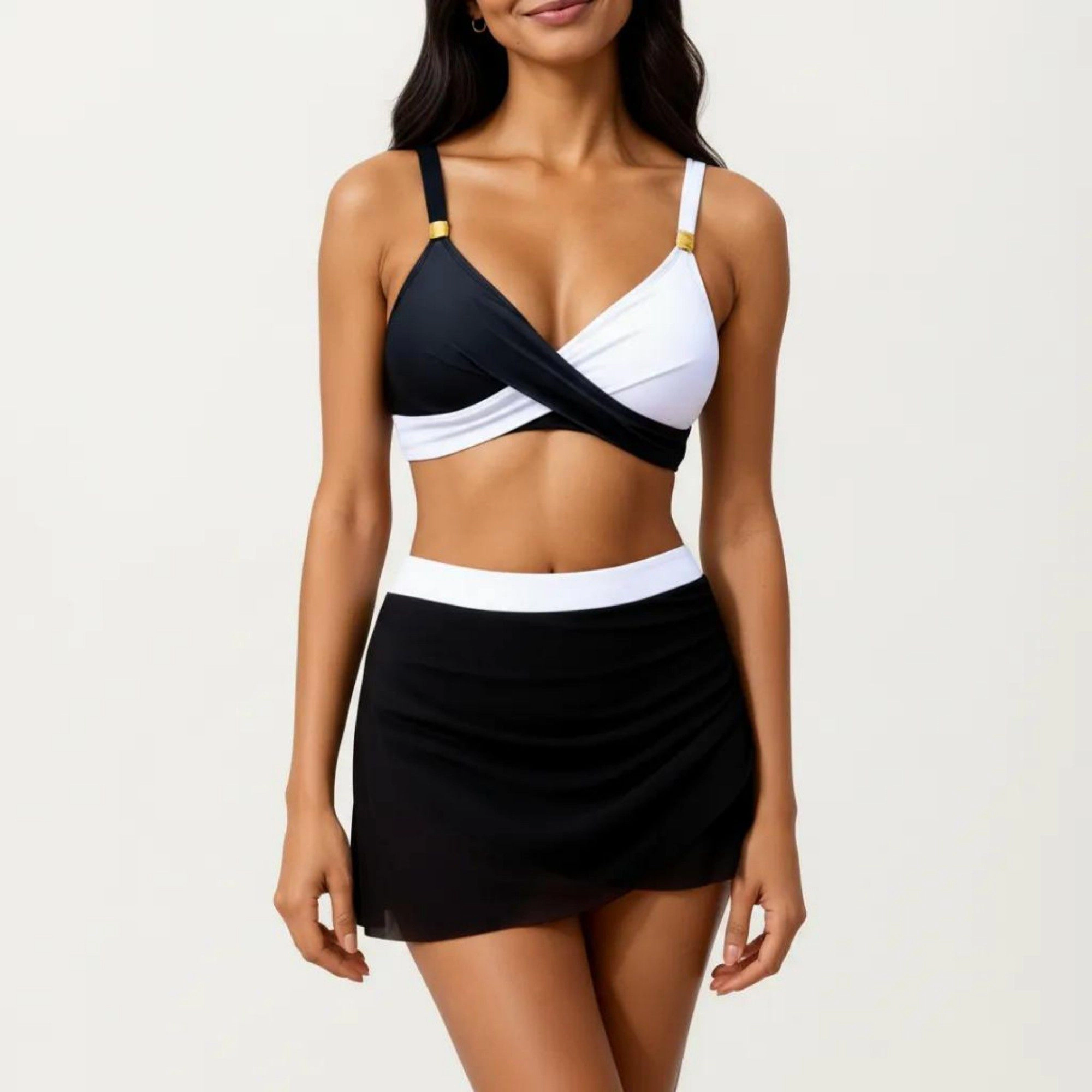 Anna-Kaci Women Crisscross Bralette Two-Piece Swim Set with Ruched Skirted Bottom