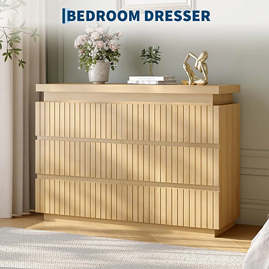 BebreezChic Modern Handleless 6-Drawer Dresser, Fluted Design, Thick Floating Top, White Wide Chest