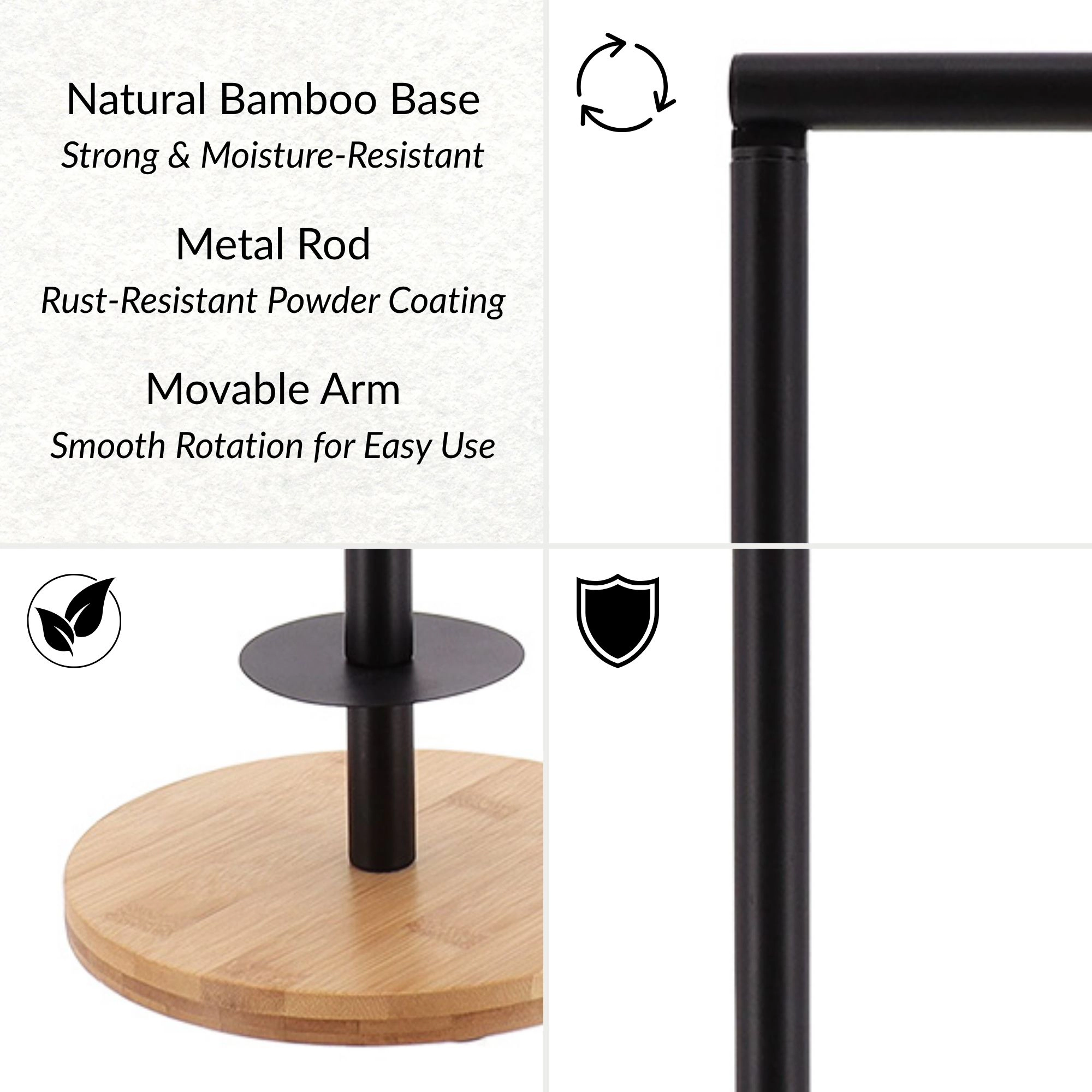 Evideco French Home Goods freestanding toilet paper stand with bamboo base, matte black swivel arm, 21.5 in