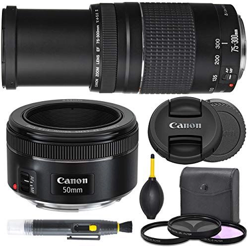 Canon EF 50mm f1.8 STM (0570C002) + Canon EF 75-300mm III (6473A003) Combo Lens Bundle + AOM Starter Kit -