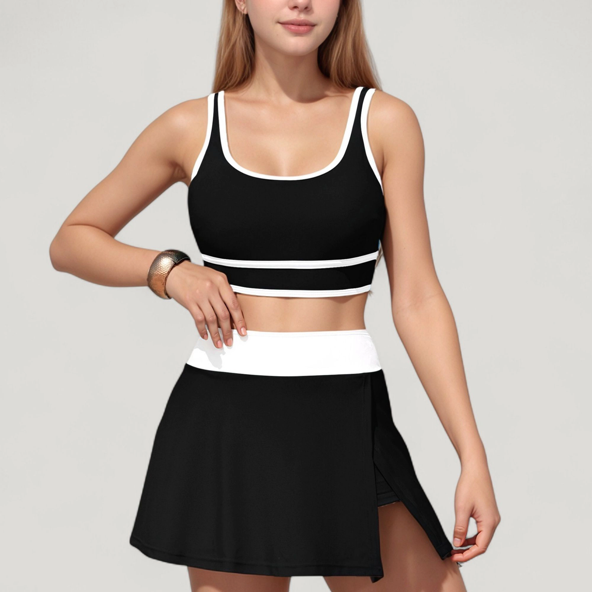 Anna-Kaci Women's Contrast Trim Scoop Neck Bikini Top and High-Waist Skirted Swim Set