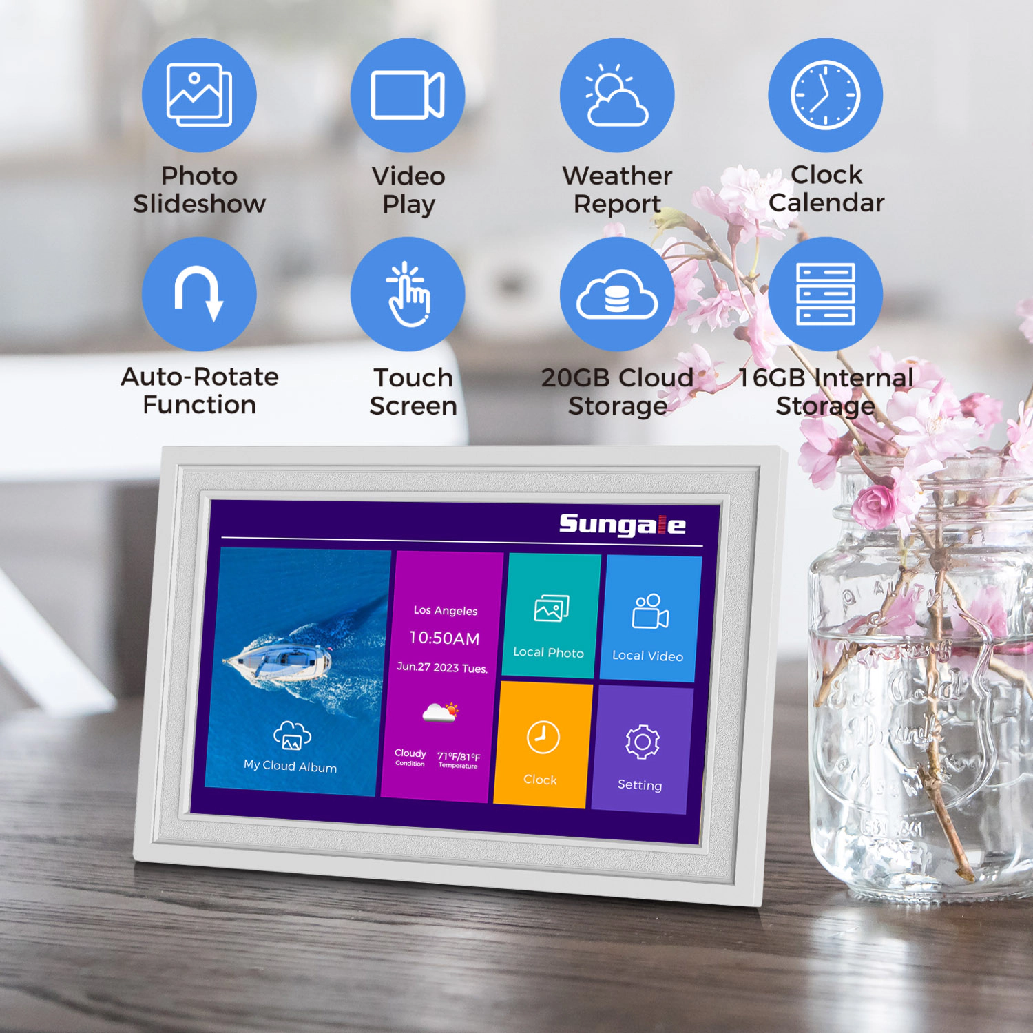 Sungale 10 Inch 1080x800, Easy PhotoShare APP, 20GB Cloud Storage - White Frame