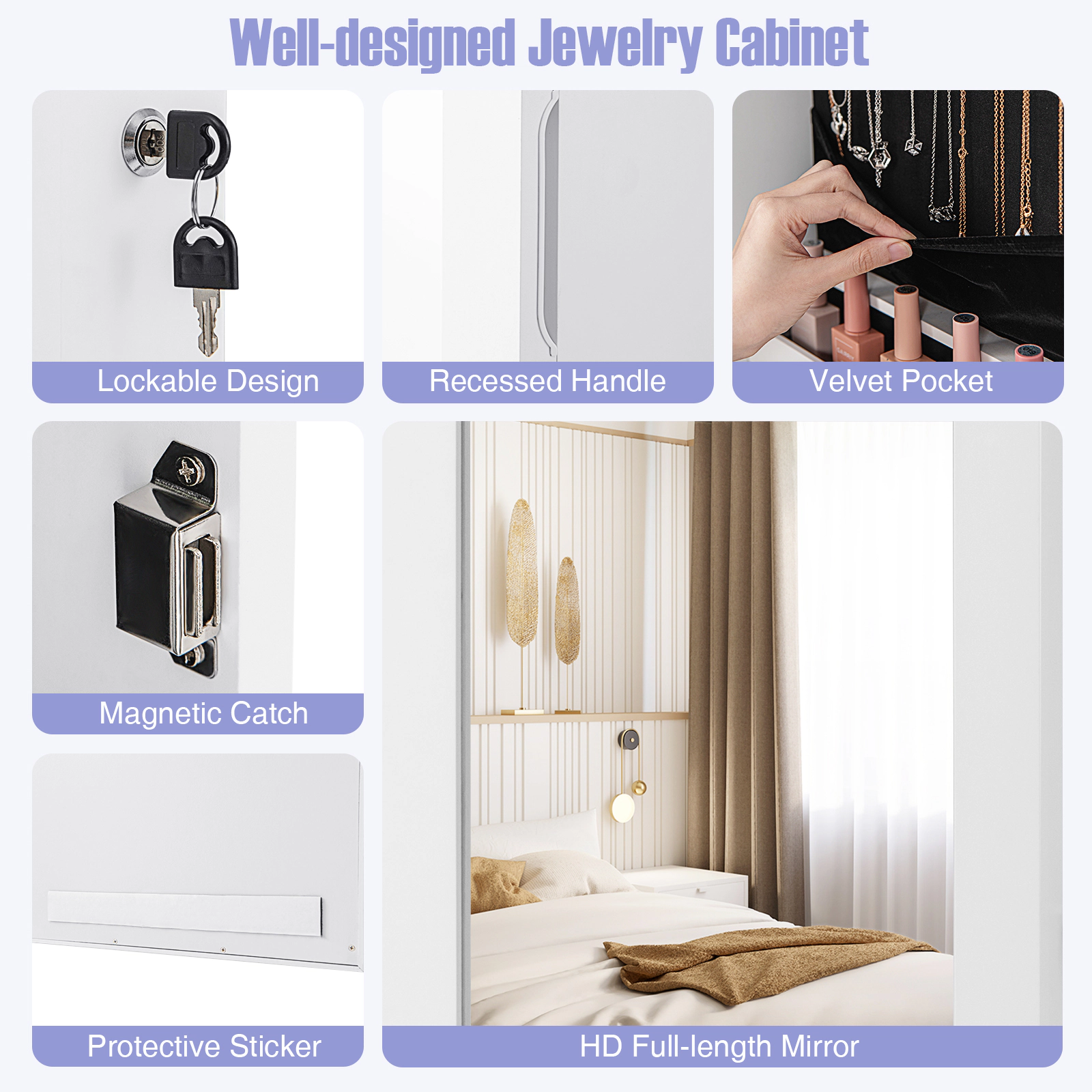 Hivvago Lockable Wall Mount Mirrored Jewelry Cabinet with LED Lights