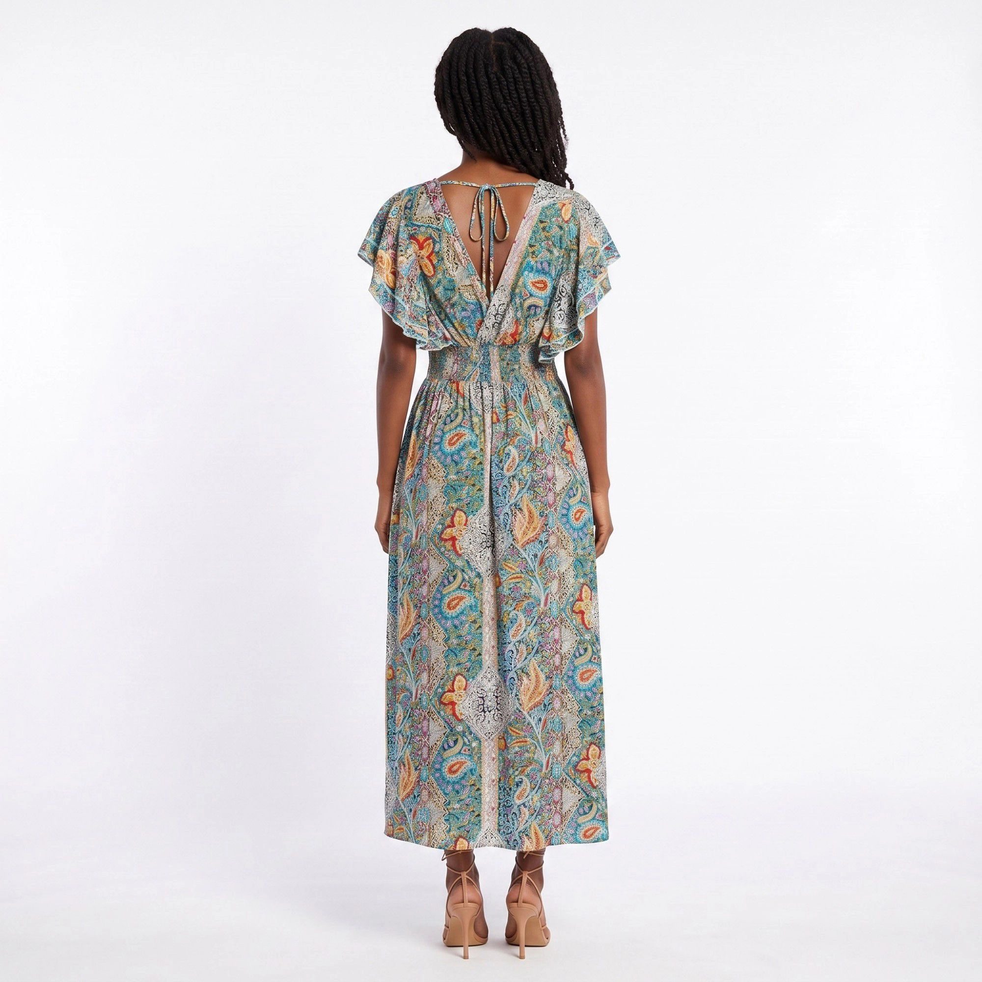 Anna-Kaci Women's Paisley Print V-Neck Flutter Sleeves Smocked Waist Side Slit Maxi Dress